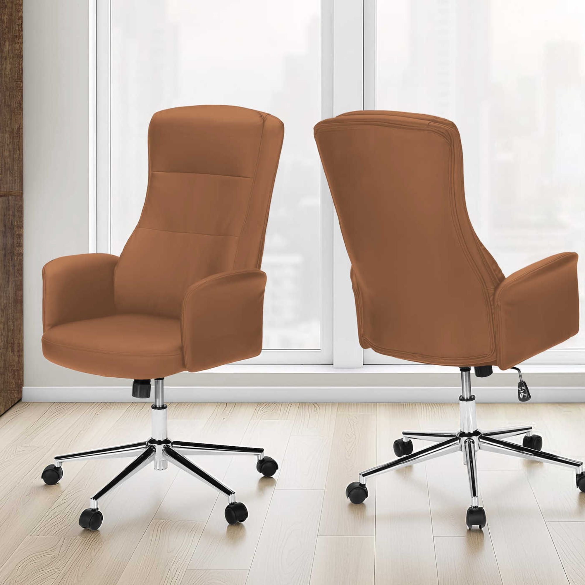 Brown leather-look executive office chair by Monarch Specialties featuring padded armrests and a high back for comfort.