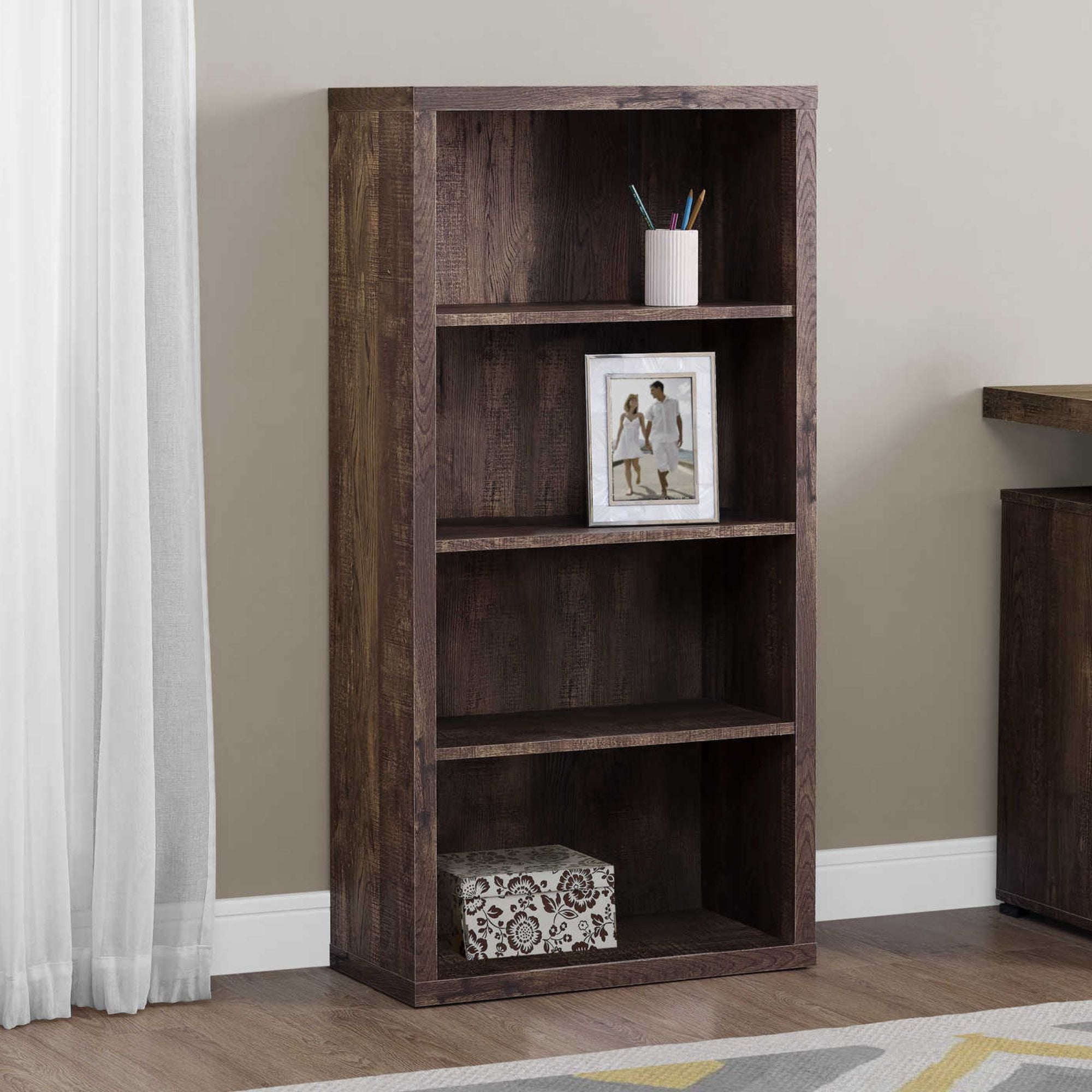 Brown reclaimed wood-look Shelvara 48-inch bookcase by Monarch Specialties with open shelving and sturdy design.