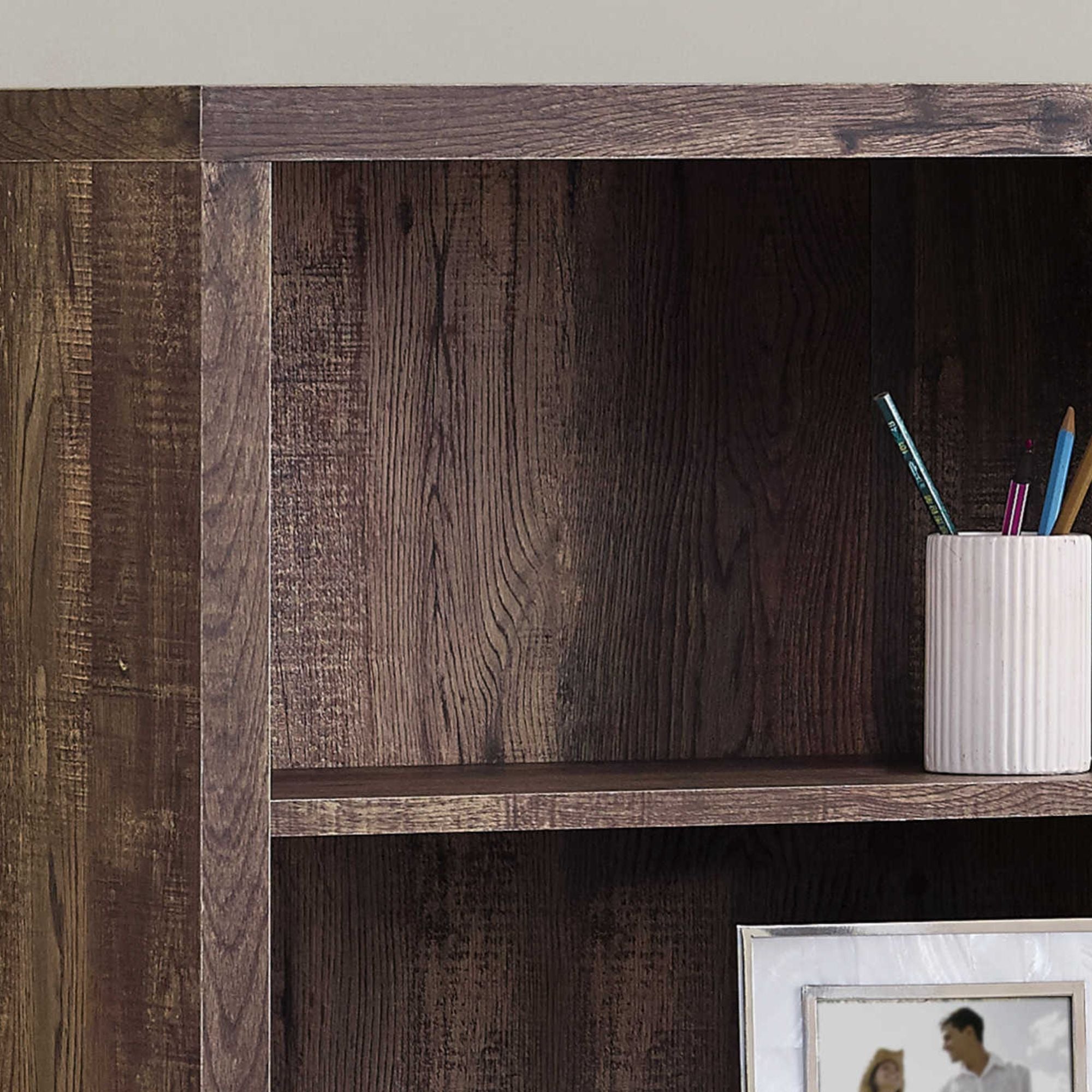 Brown reclaimed wood-look Shelvara 48-inch bookcase by Monarch Specialties with open shelves and sturdy construction.