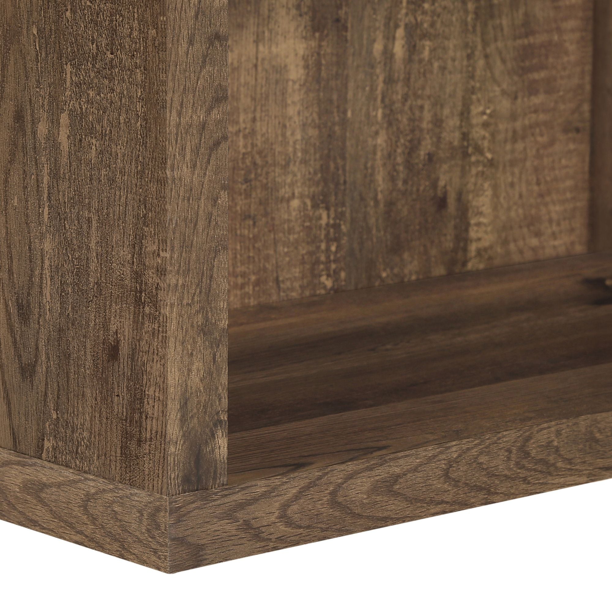 Brown reclaimed wood-look Shelvara 48-inch bookcase by Monarch Specialties, showcasing open shelving and sturdy design.