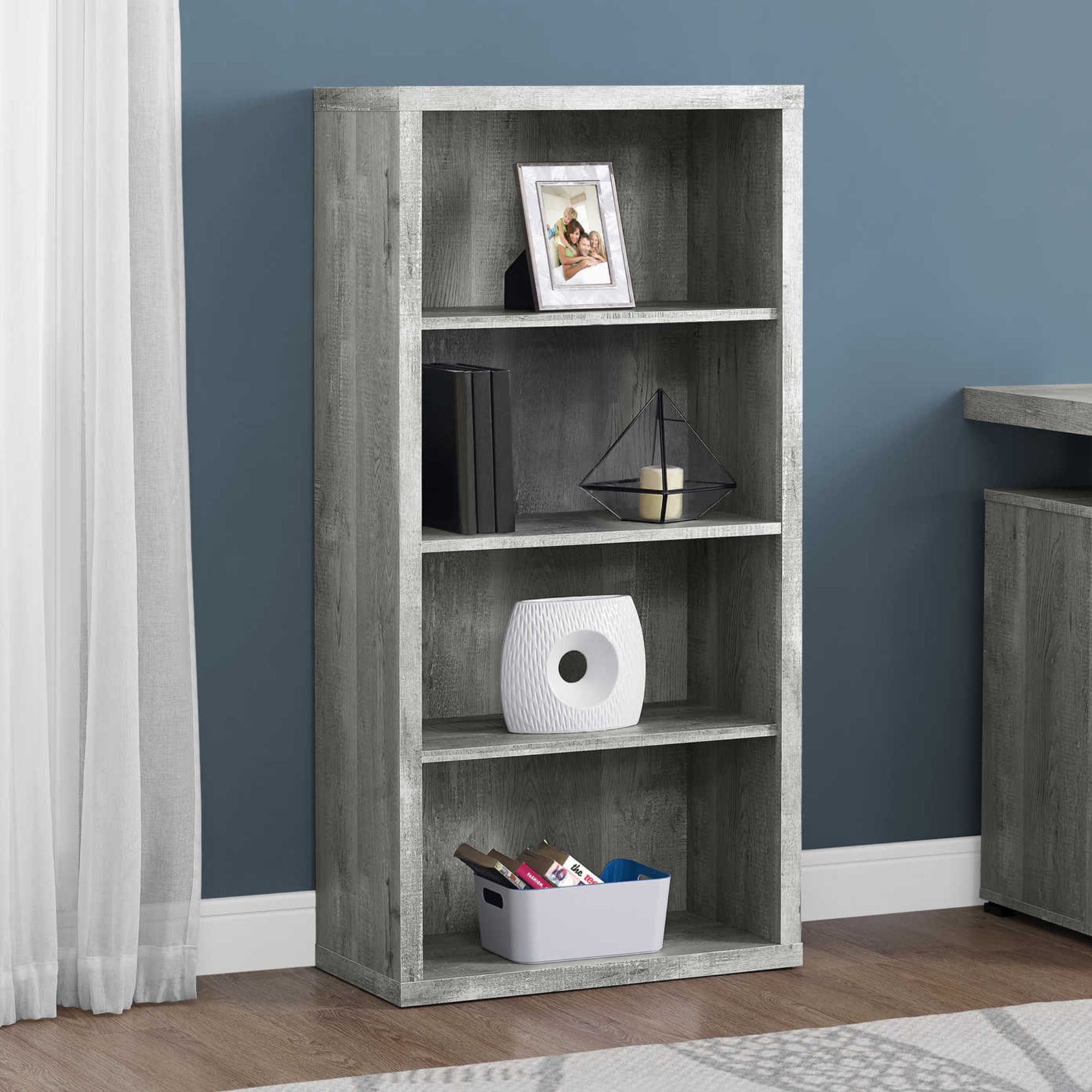 Grey reclaimed wood-look Shelvara 48-inch bookcase by Monarch Specialties with open shelves and sturdy design.