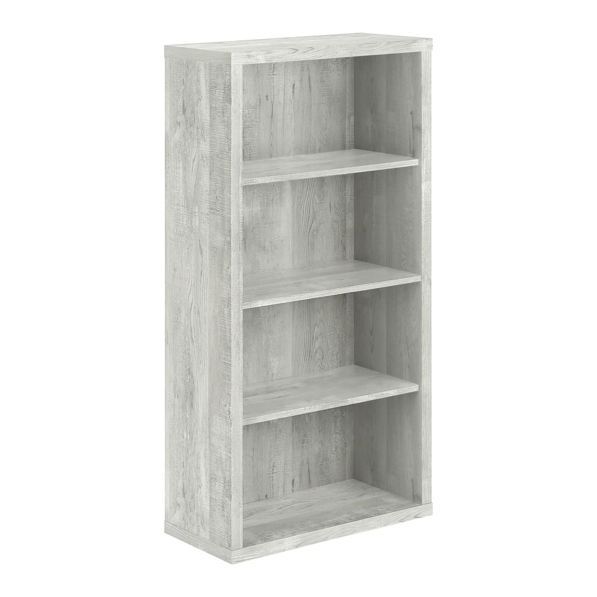 Grey reclaimed wood-look Shelvara 48-inch Monarch Specialties bookcase with multiple open shelves for storage and display.