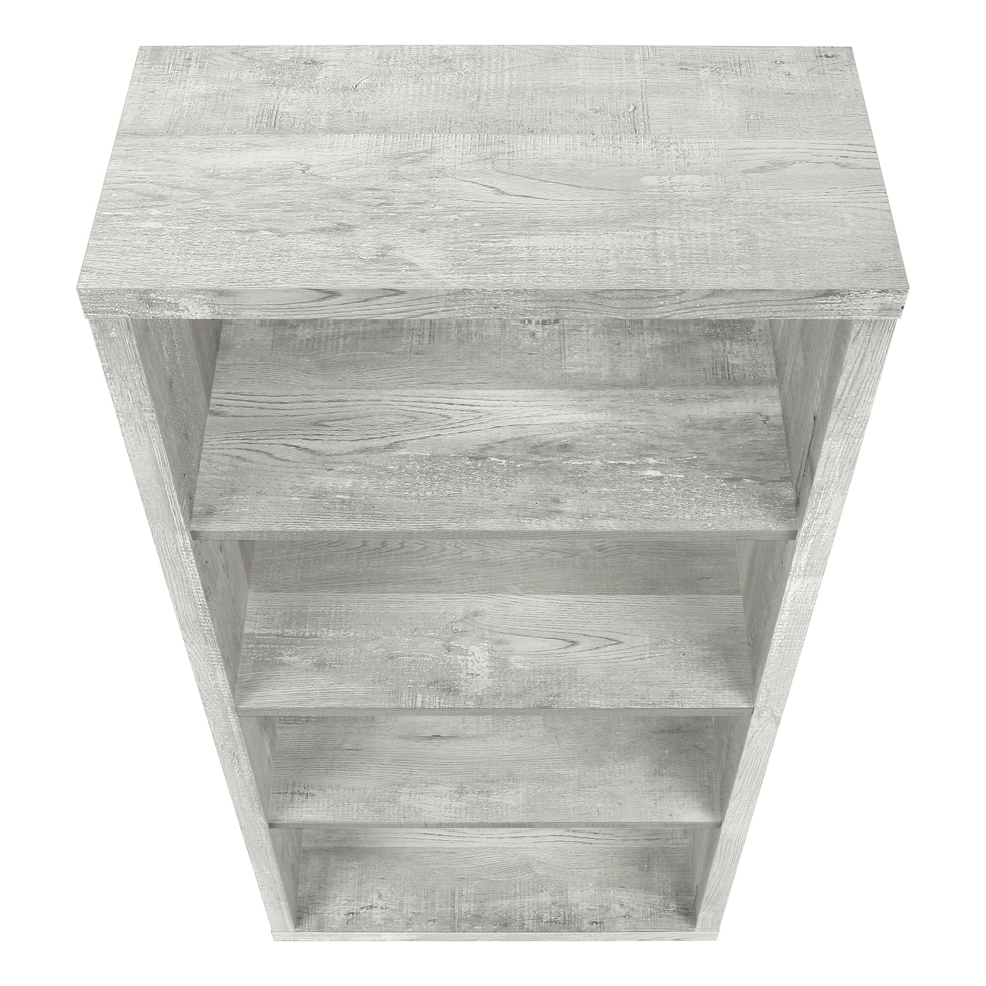 Grey reclaimed wood-look Monarch Specialties Shelvara 48-inch bookcase with open shelves and a modern design.
