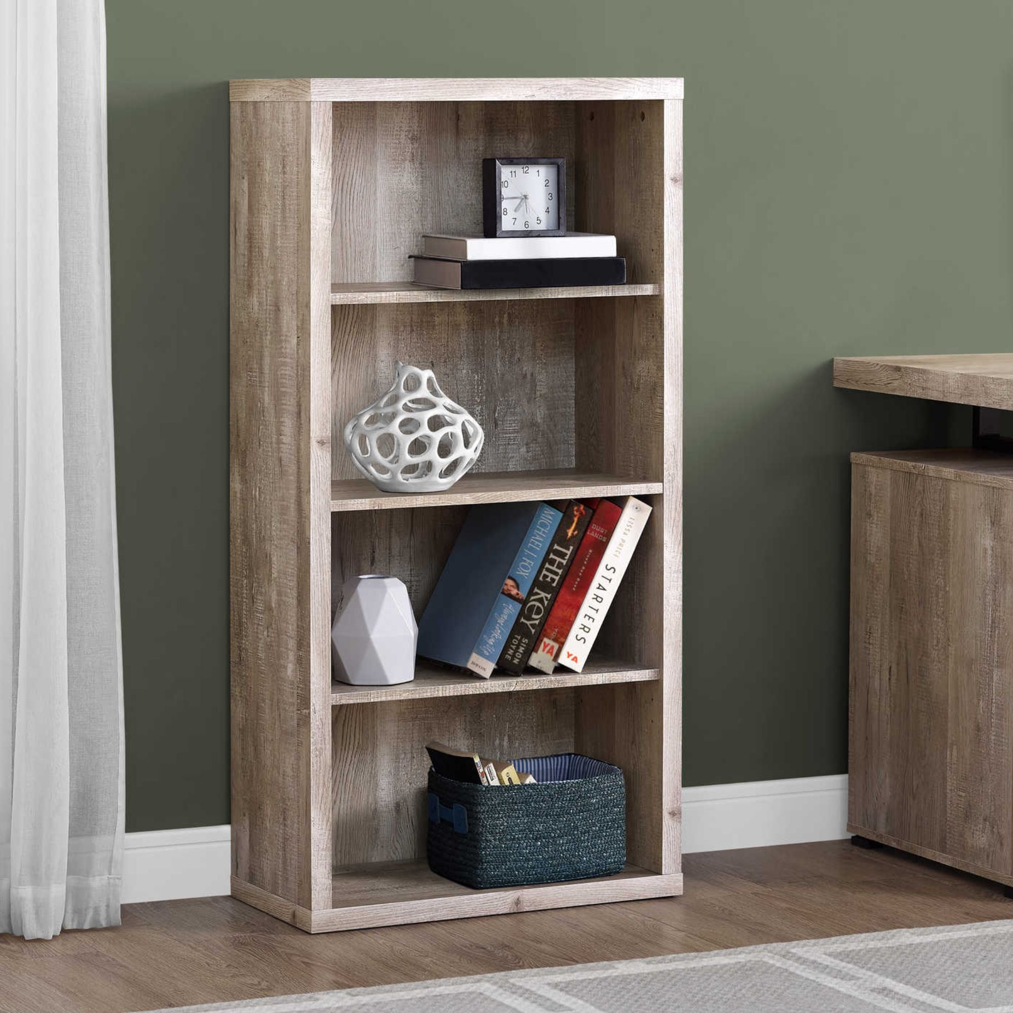 Dark taupe Monarch Specialties Shelvara 48-inch bookcase with adjustable shelves, showcasing a modern storage solution with clean lines.