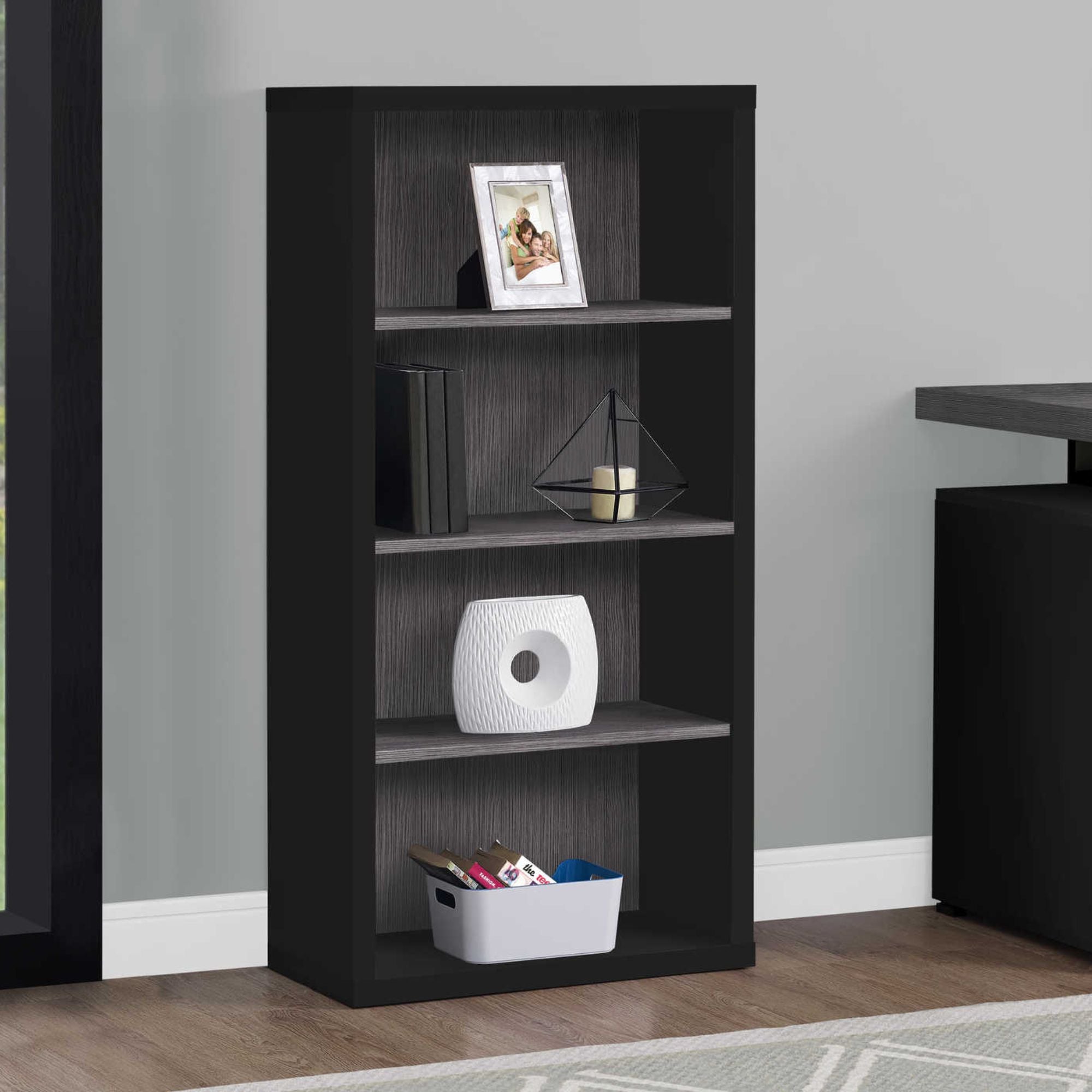Black and grey Monarch Specialties Shelvara 48-inch bookcase with adjustable shelves, showcasing a modern storage solution.