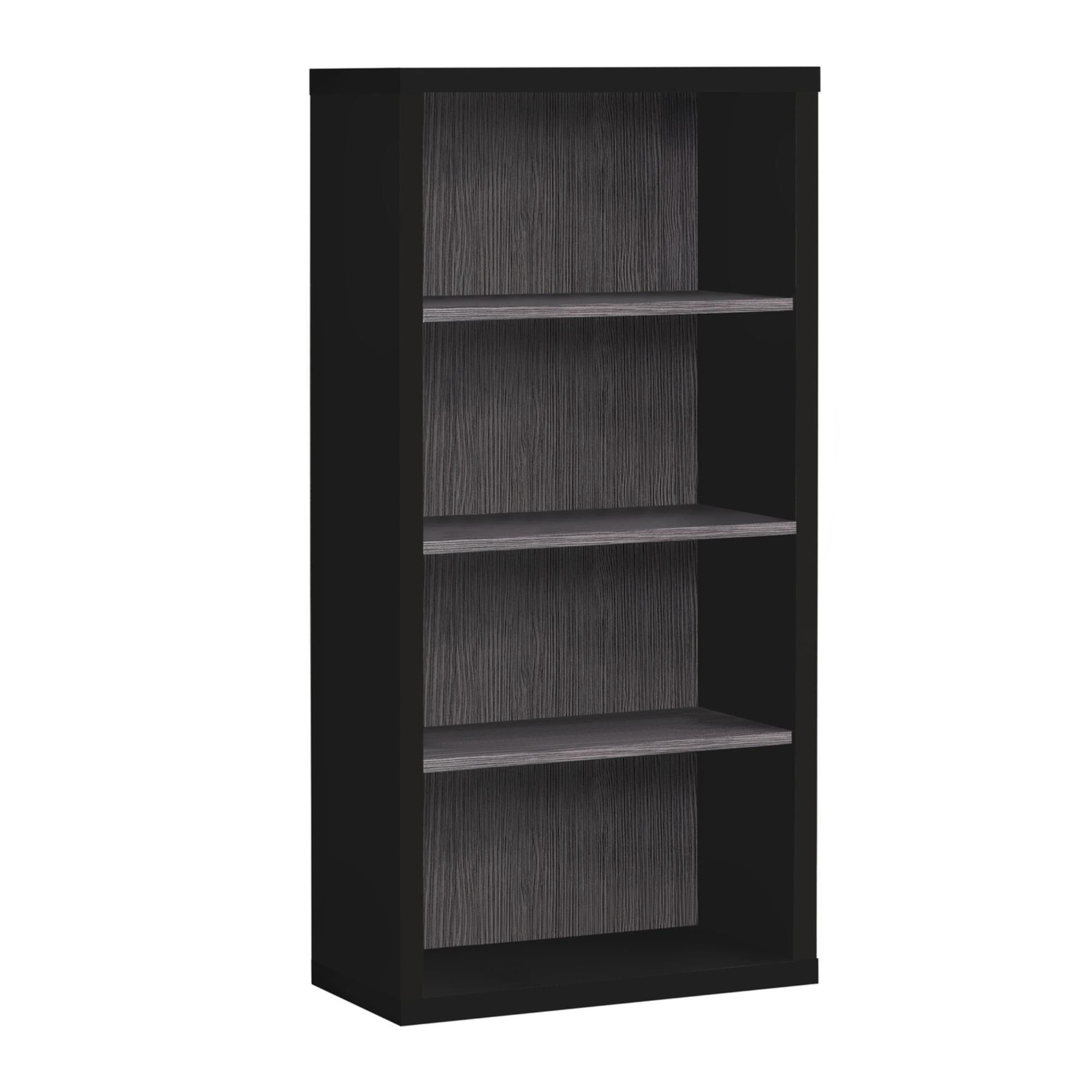 Black and grey Monarch Shelvara 48-inch bookcase with adjustable shelves, showcasing a modern storage solution.