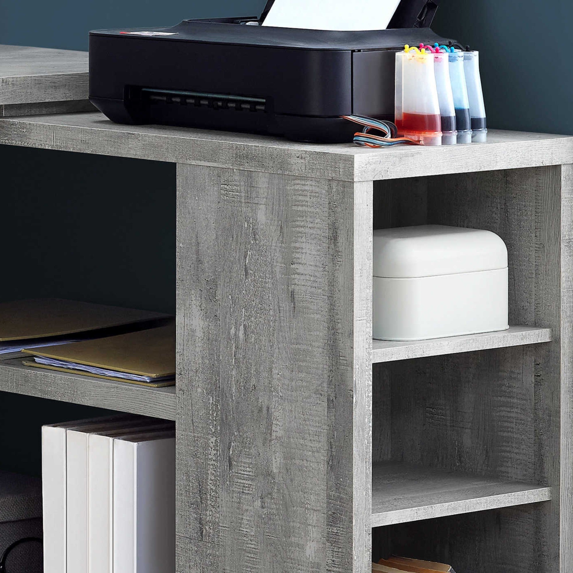 Grey Elevare L-shaped corner office desk by Monarch Specialties with storage and file drawer, ideal for modern home or office workspace.