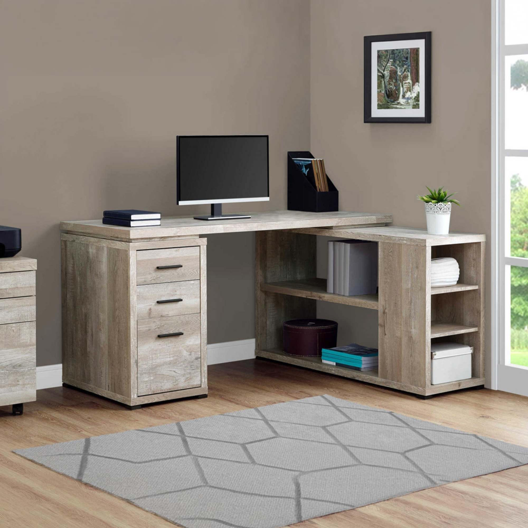 Taupe L-shaped corner office desk by Monarch Specialties featuring storage, file drawer, and spacious work surface.