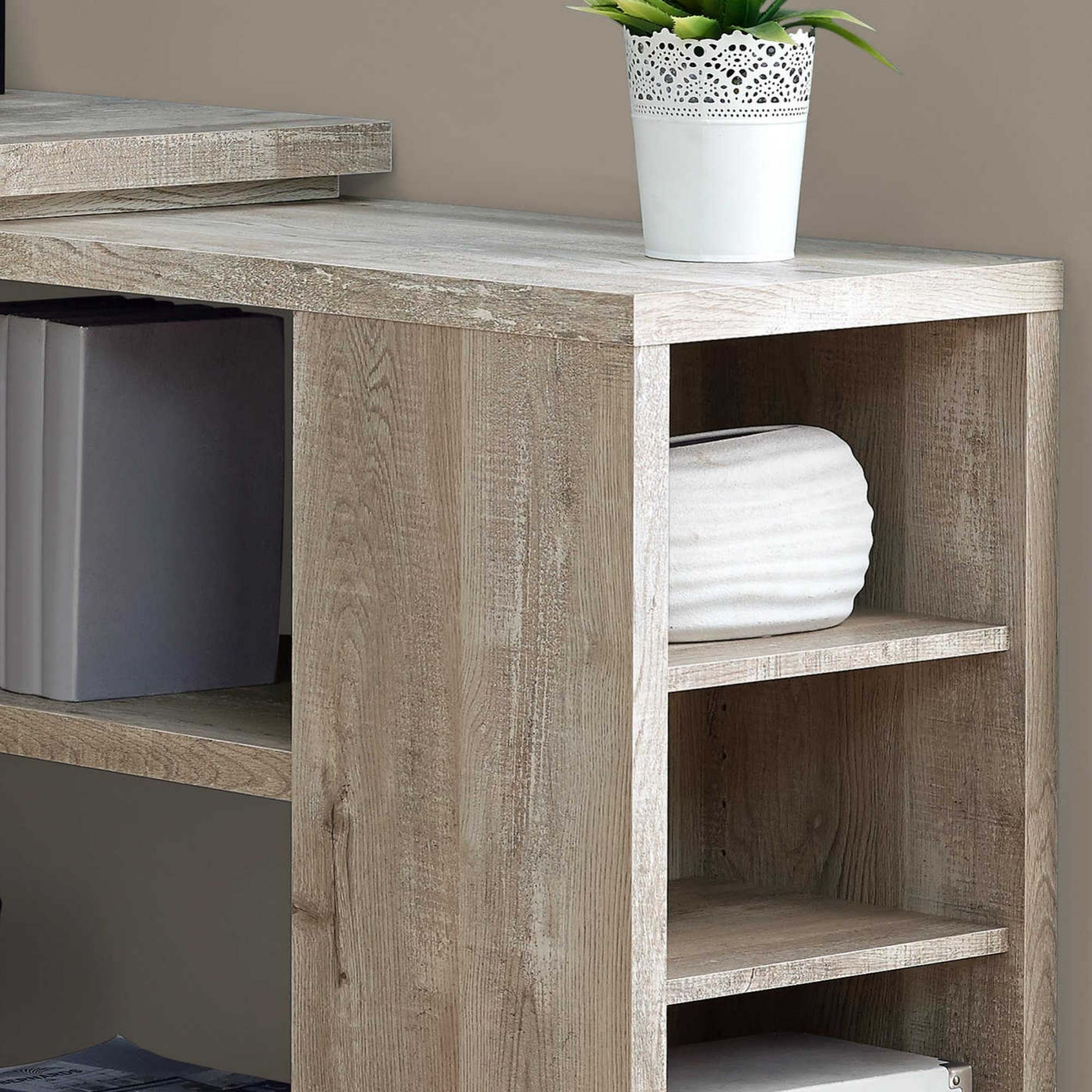 Taupe Monarch Elevare L-shaped corner office desk with storage and file drawer, featuring a spacious work surface and modern design.