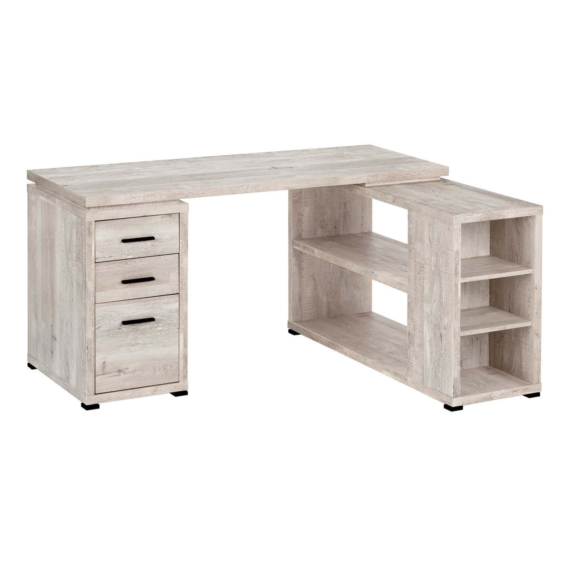 Taupe L-shaped corner computer desk with storage and file drawer by Monarch Specialties, ideal for home or office workspace.