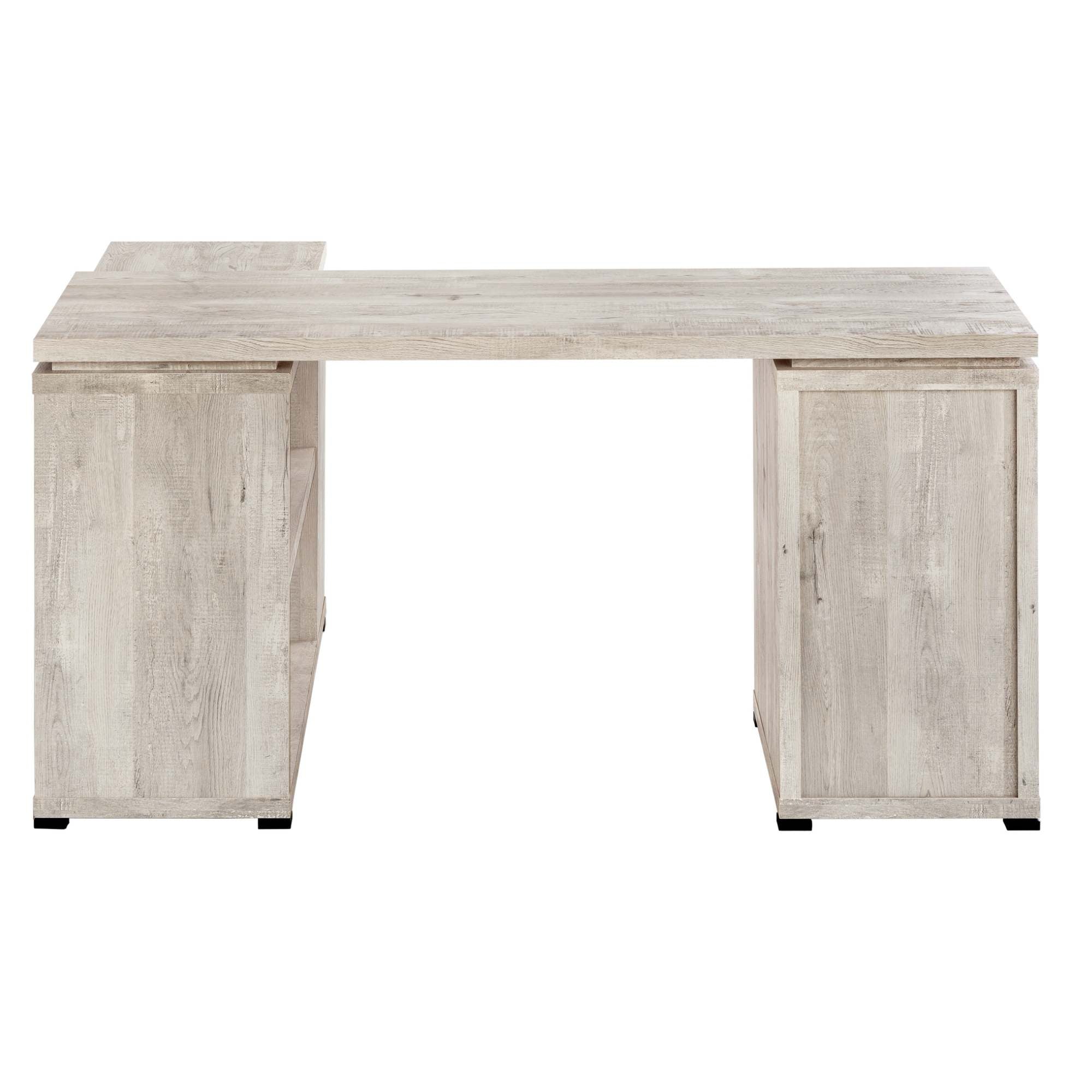 Taupe Monarch Specialties Elevare L-shaped corner office desk with storage and file drawer, showcasing a spacious computer workspace.