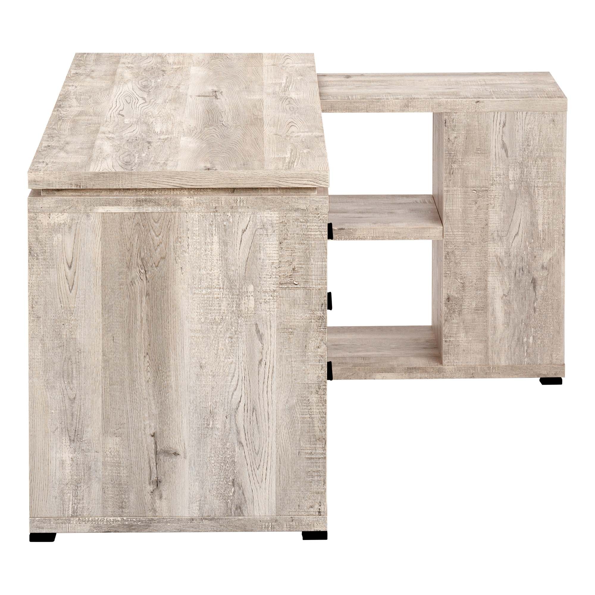 Taupe L-shaped Monarch Specialties office computer desk with storage and file drawer, featuring a spacious work surface and modern design.