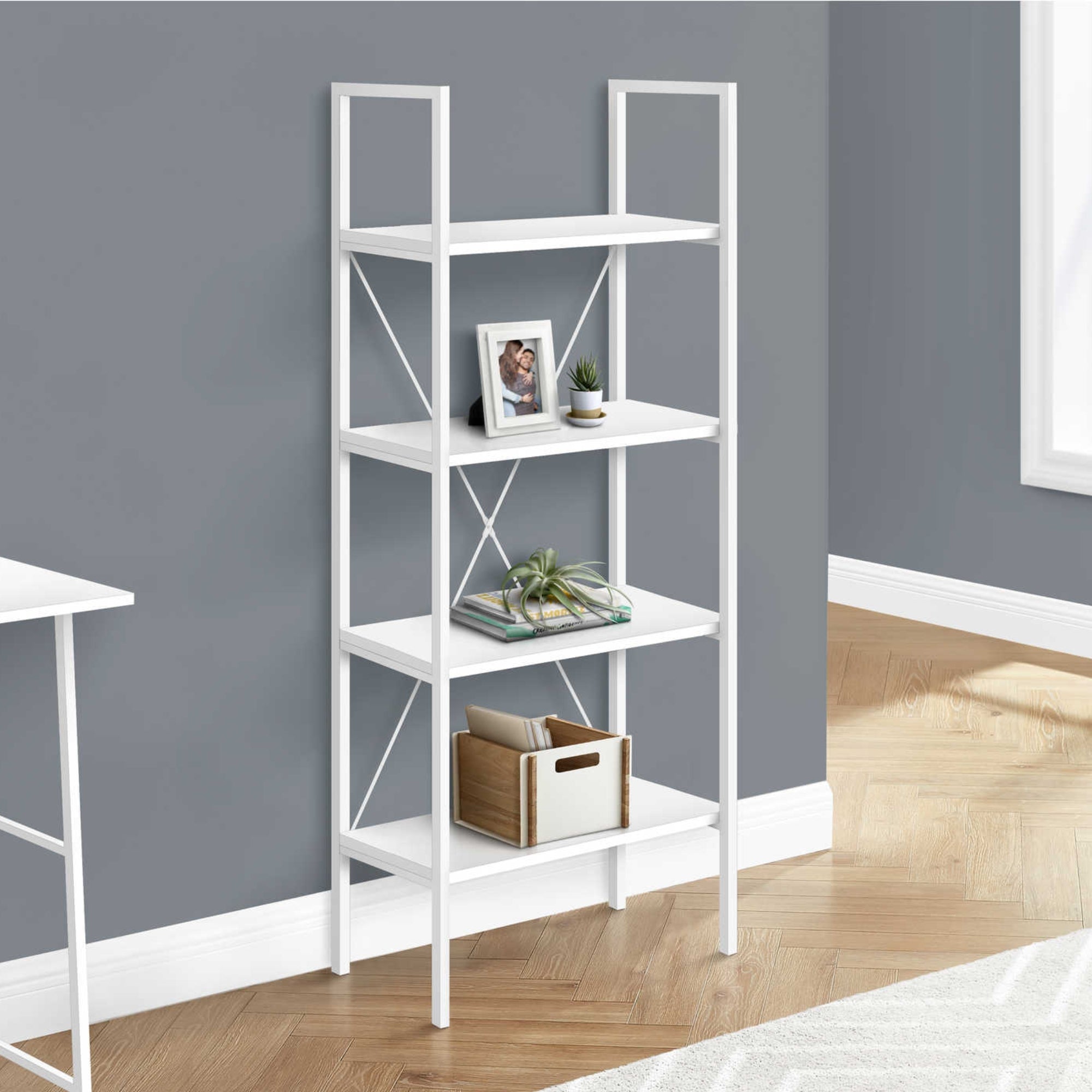 White metal bookcase with 48-inch height and open shelving, designed for stylish storage by Monarch Specialties.
