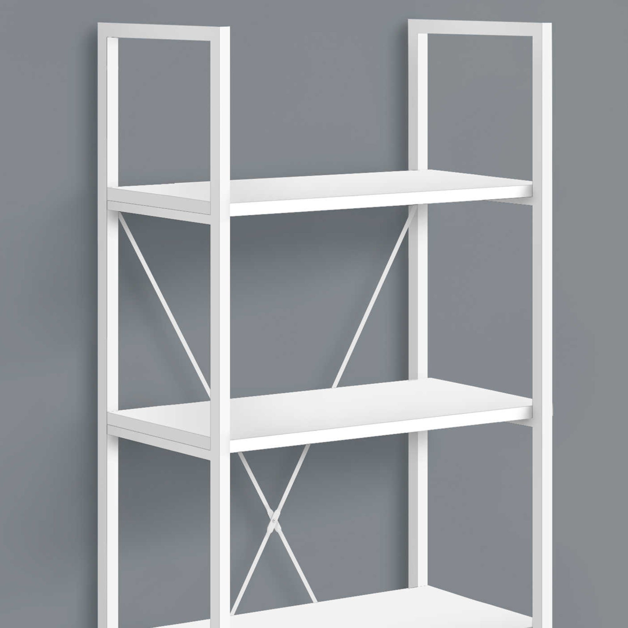 White metal and wood 48-inch bookcase with multiple shelves from Monarch Specialties, ideal for storing books and decorative items.