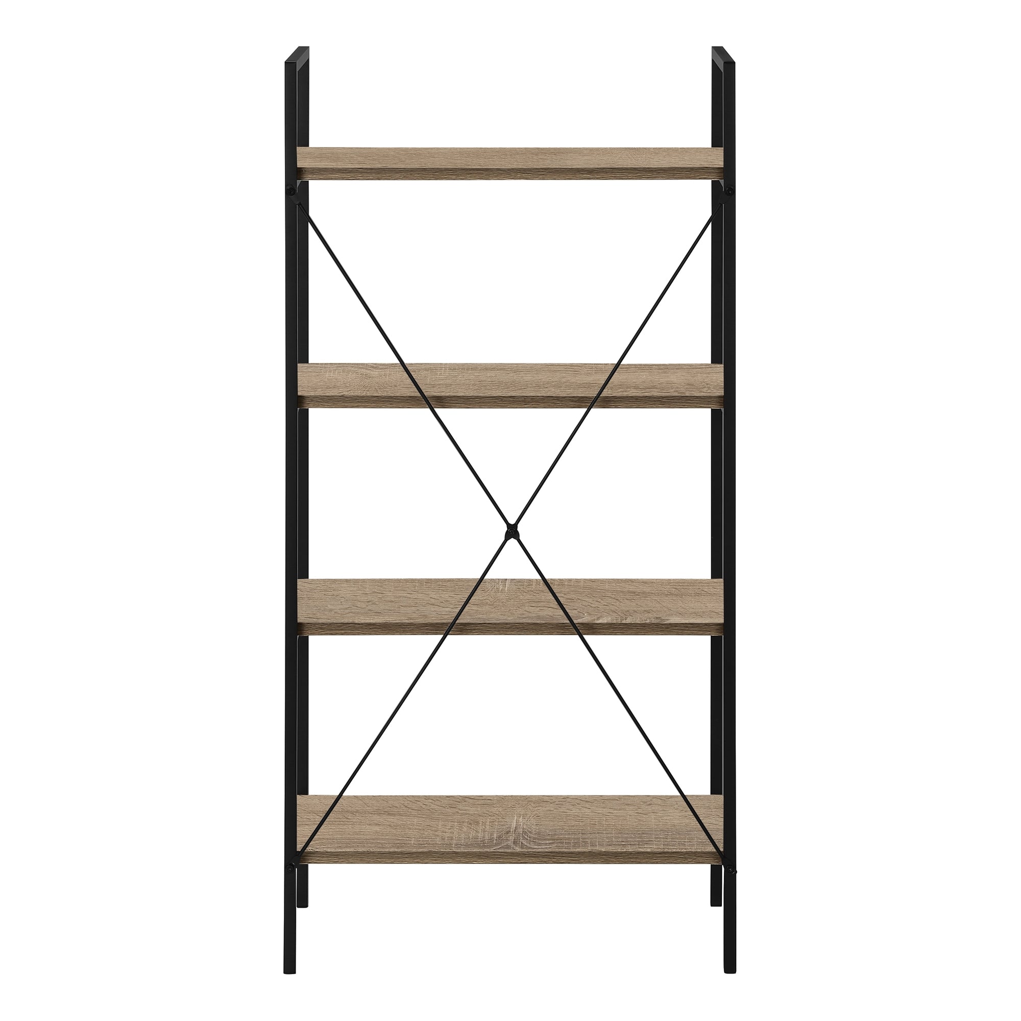 Dark taupe and black metal Monarch Specialties 48-inch bookcase with open shelves and modern design.
