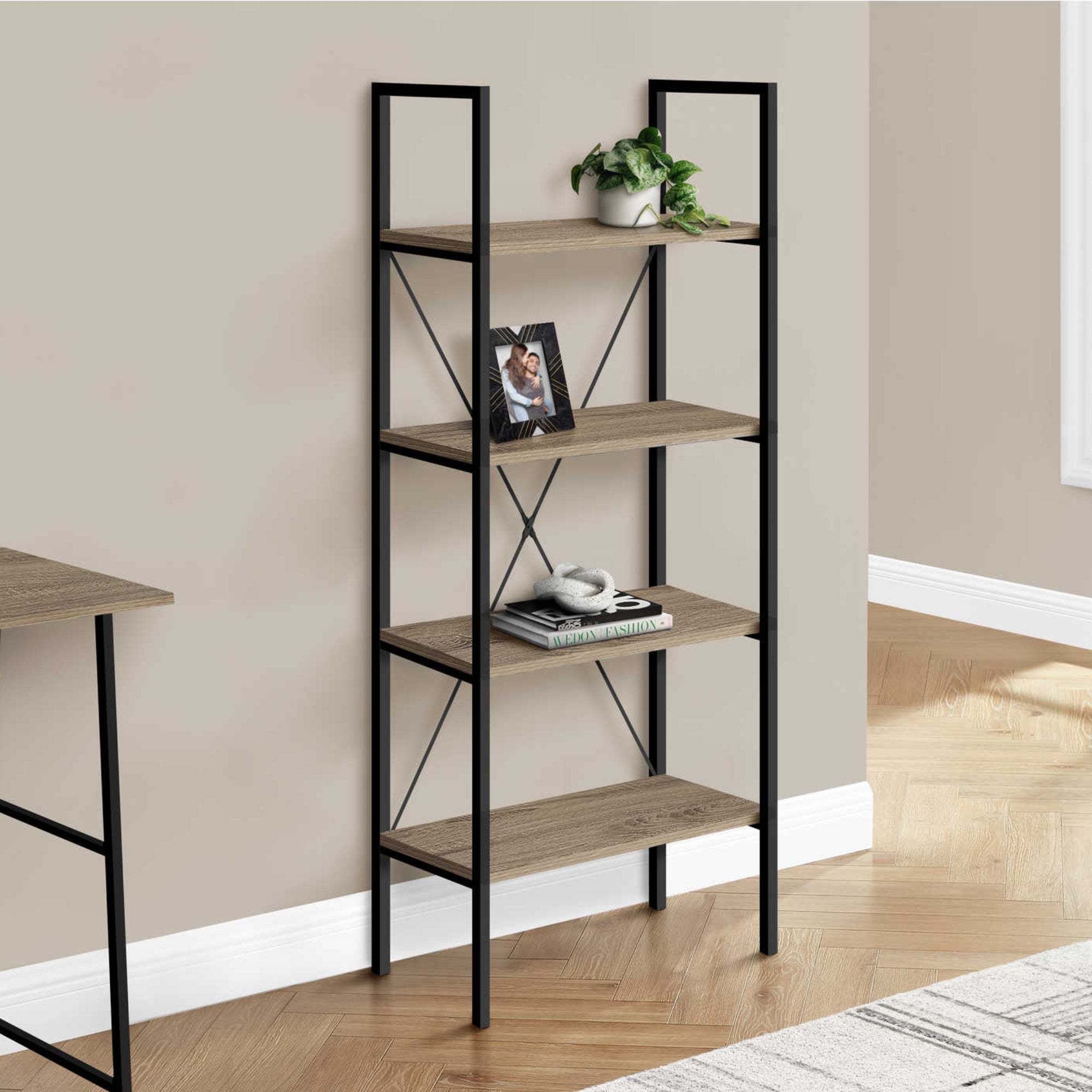 Dark taupe and black metal Monarch Specialties 48-inch bookcase with open shelving for home or office storage.