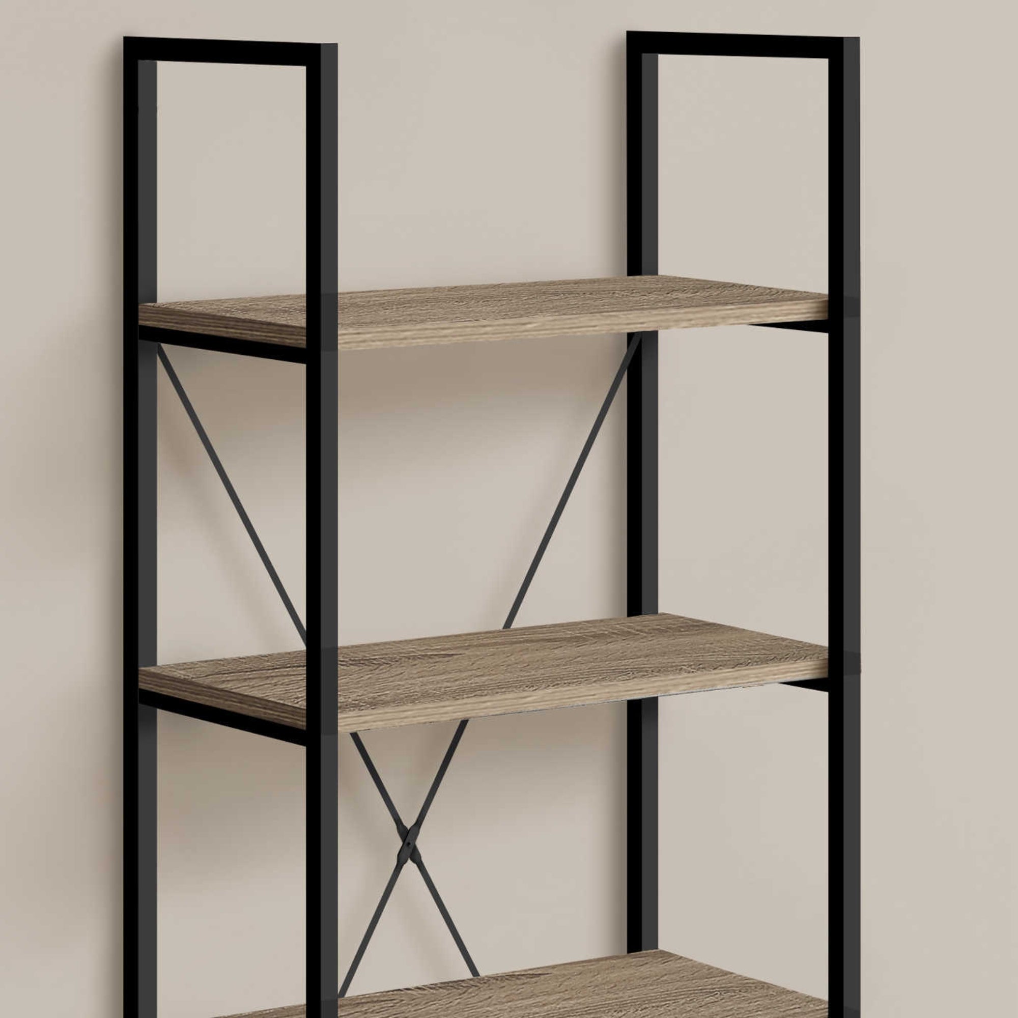 Dark taupe and black metal Monarch Specialties 48-inch bookcase with open shelves for storage and display.
