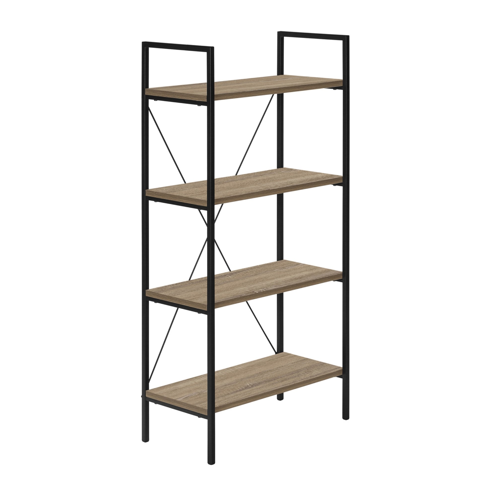 Dark taupe and black metal Monarch Specialties 48-inch bookcase with multiple shelves for storage and display.
