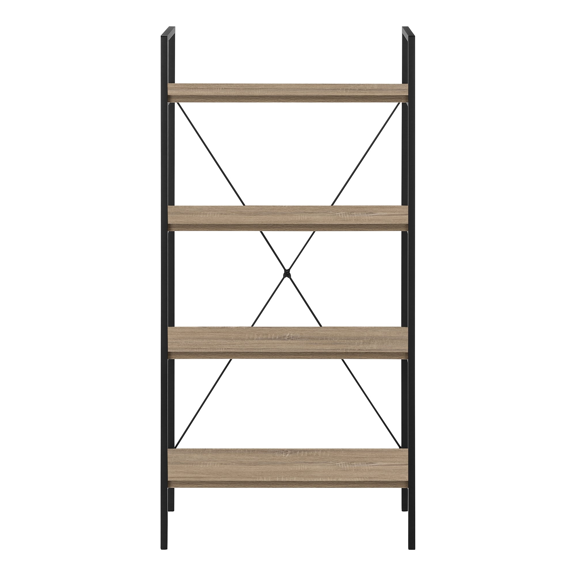 Dark taupe and black metal 48-inch bookcase with open shelves, featuring a modern design by Monarch Specialties.