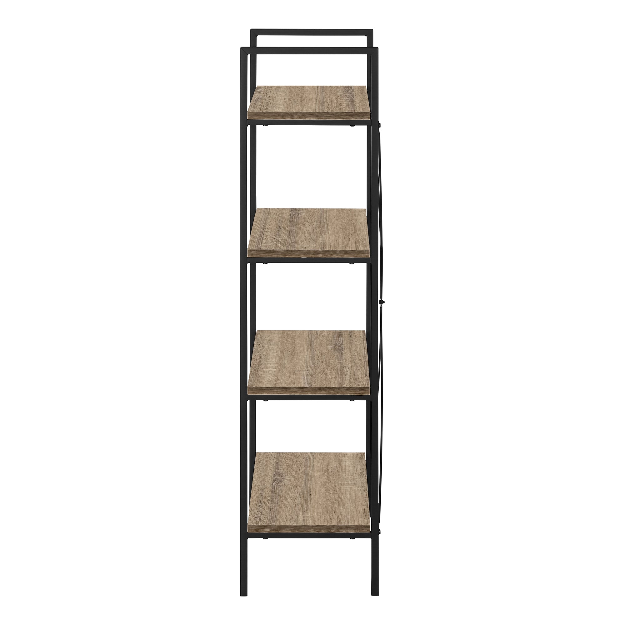 Dark taupe and black metal bookcase, 48 inches tall, with multiple shelves for storage and display from Monarch Specialties.