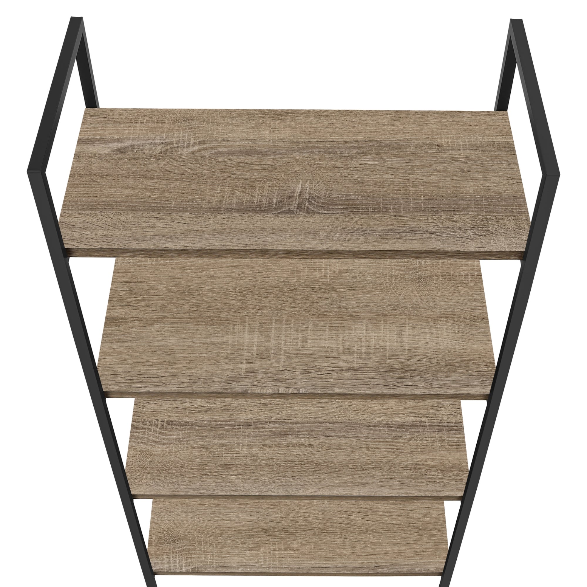 Dark taupe and black metal Monarch Specialties 48-inch bookcase with open shelves and modern design.