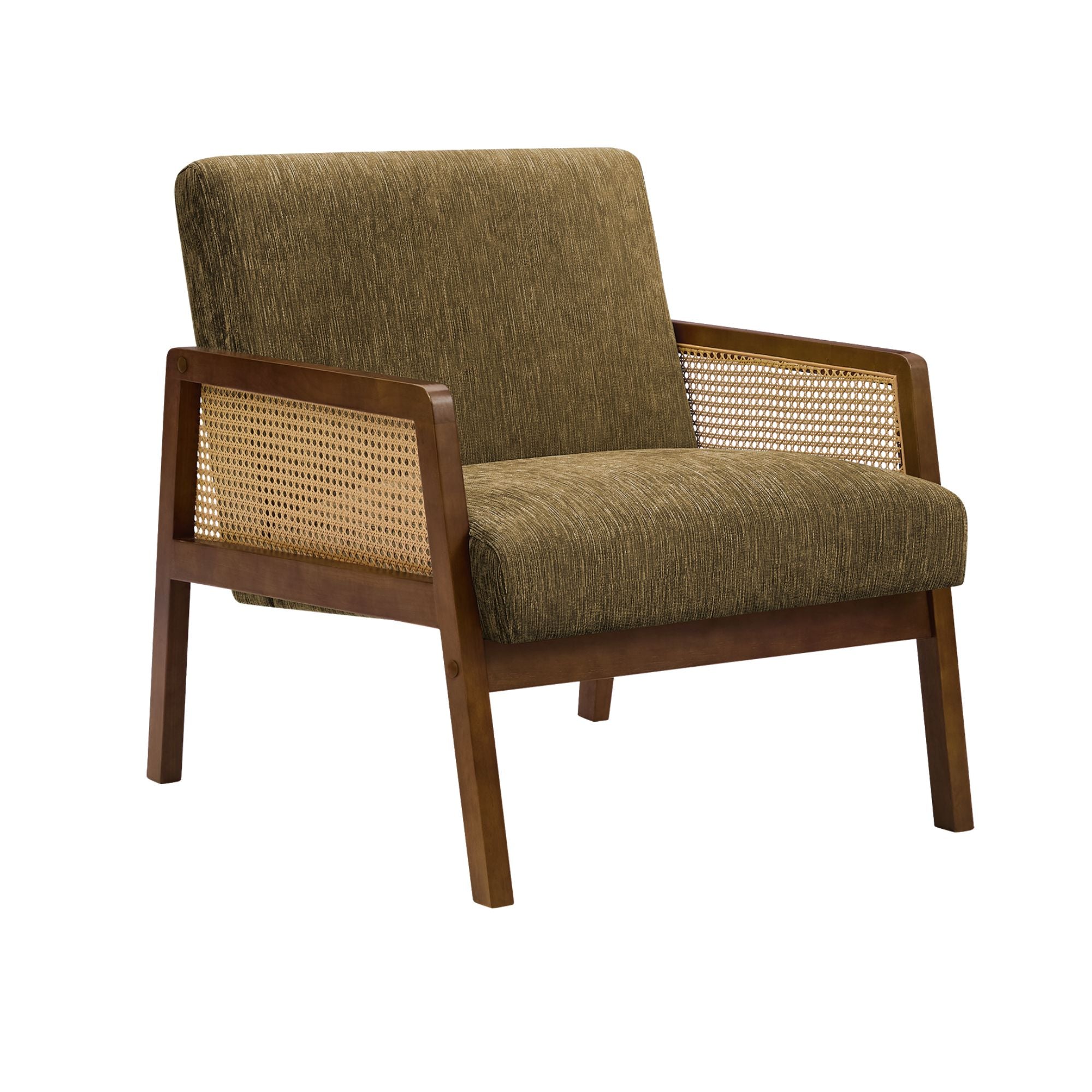 Brown fabric accent chair with walnut wood frame, 30-inch height, by Monarch Specialties.