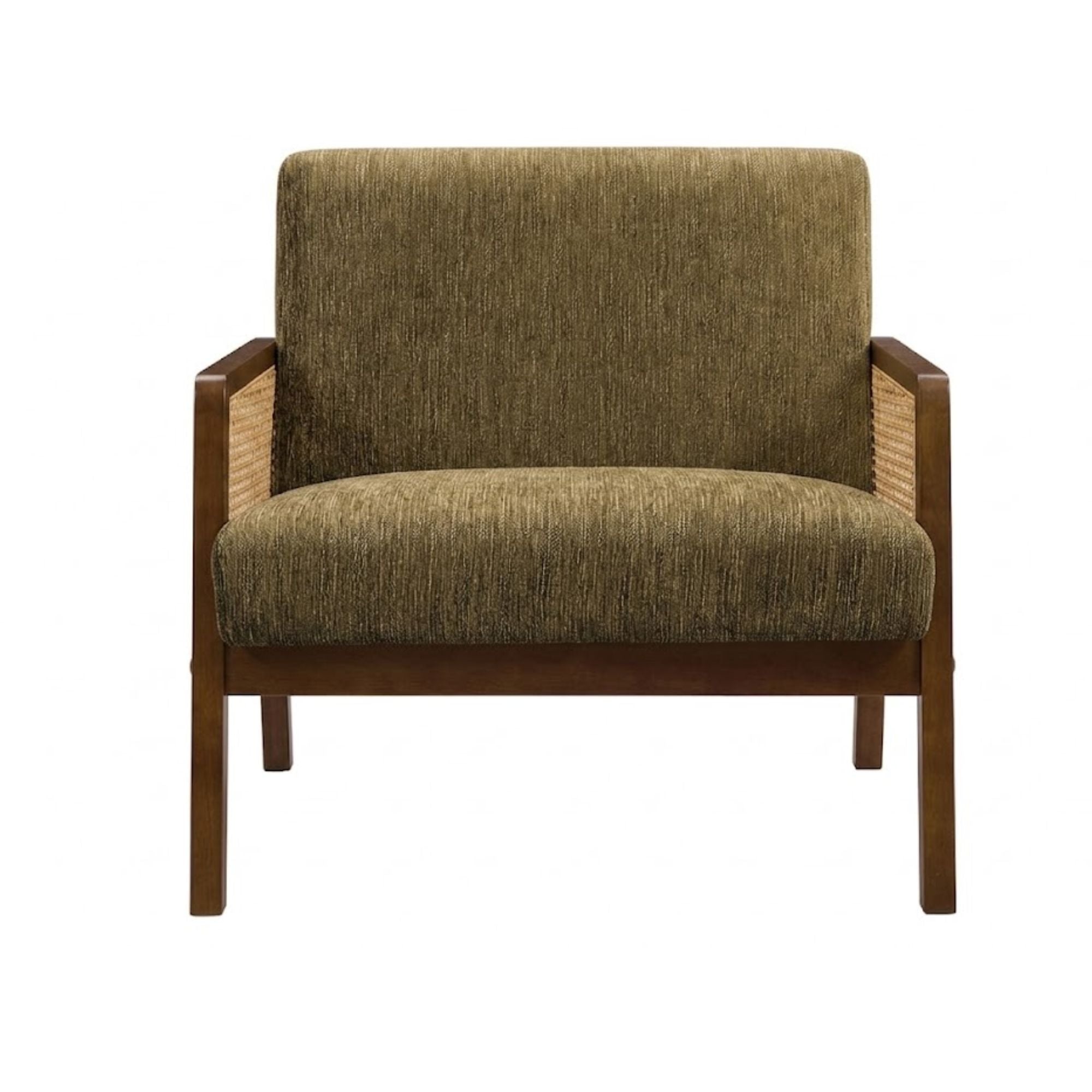 Brown fabric accent chair with walnut wood frame, 30 inches tall, stylish seating from Monarch Specialties.