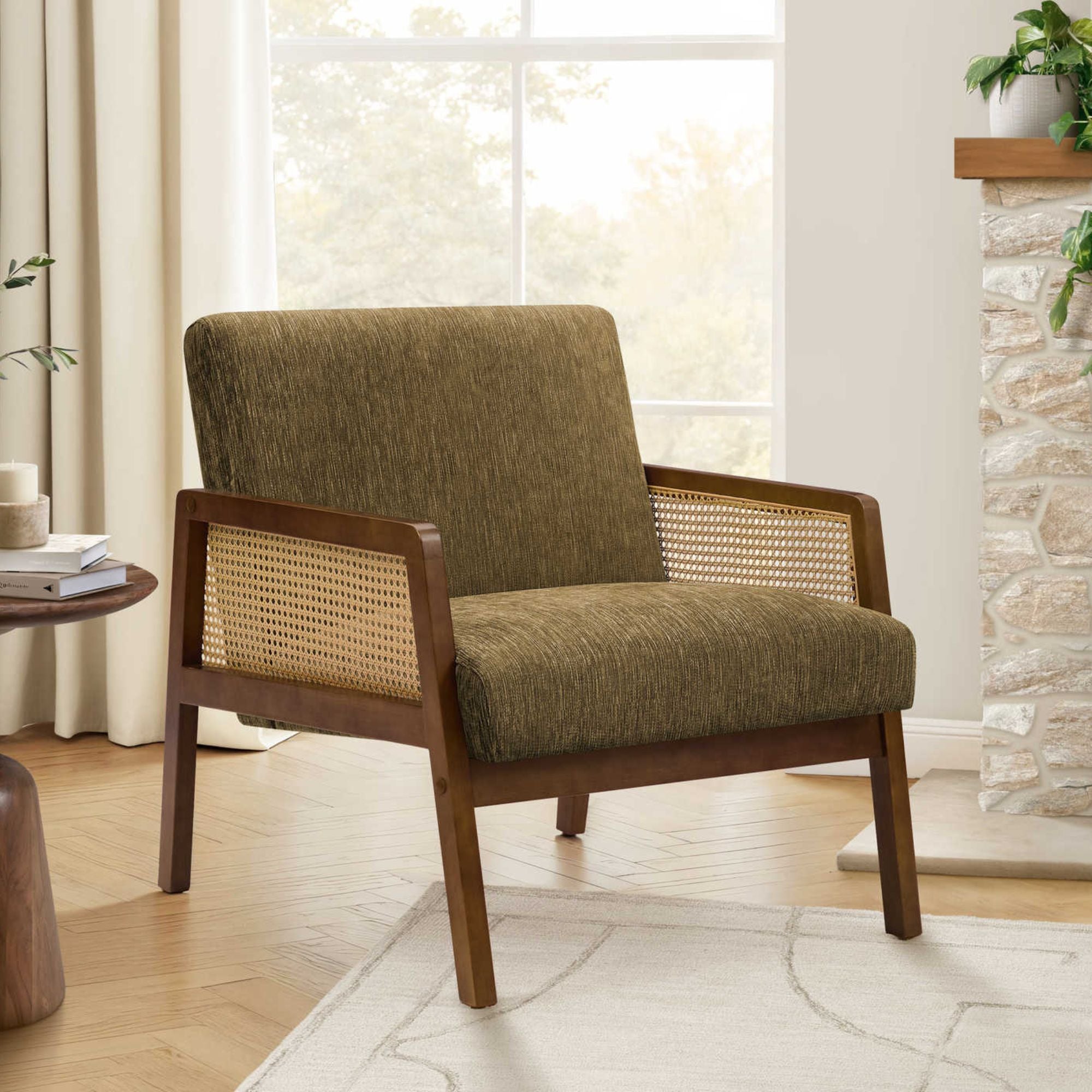 Brown fabric accent chair with walnut wood frame, 30 inches tall, stylish Monarch Specialties living room furniture.