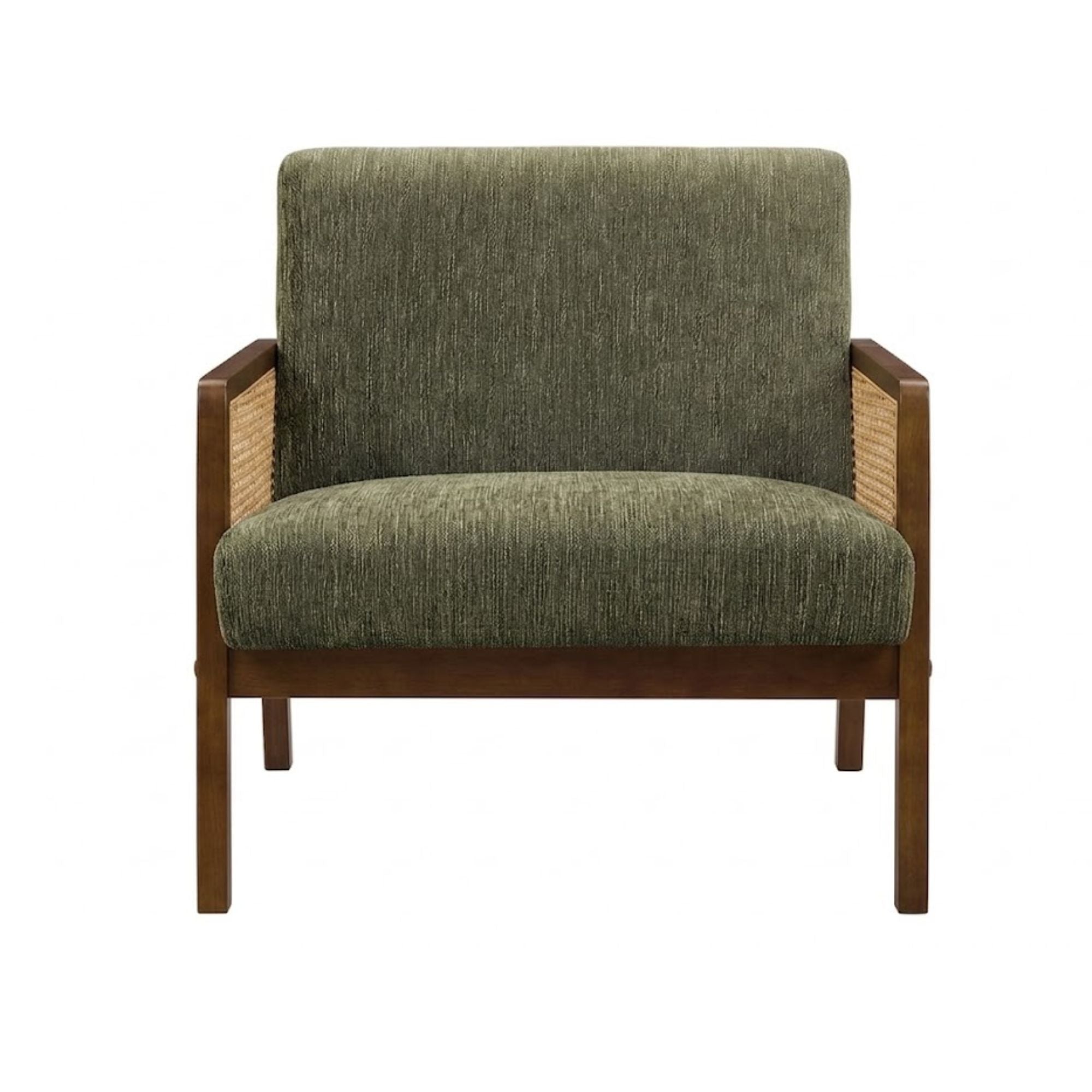 Green fabric accent chair with walnut wood frame, 30 inches tall, by Monarch Specialties.