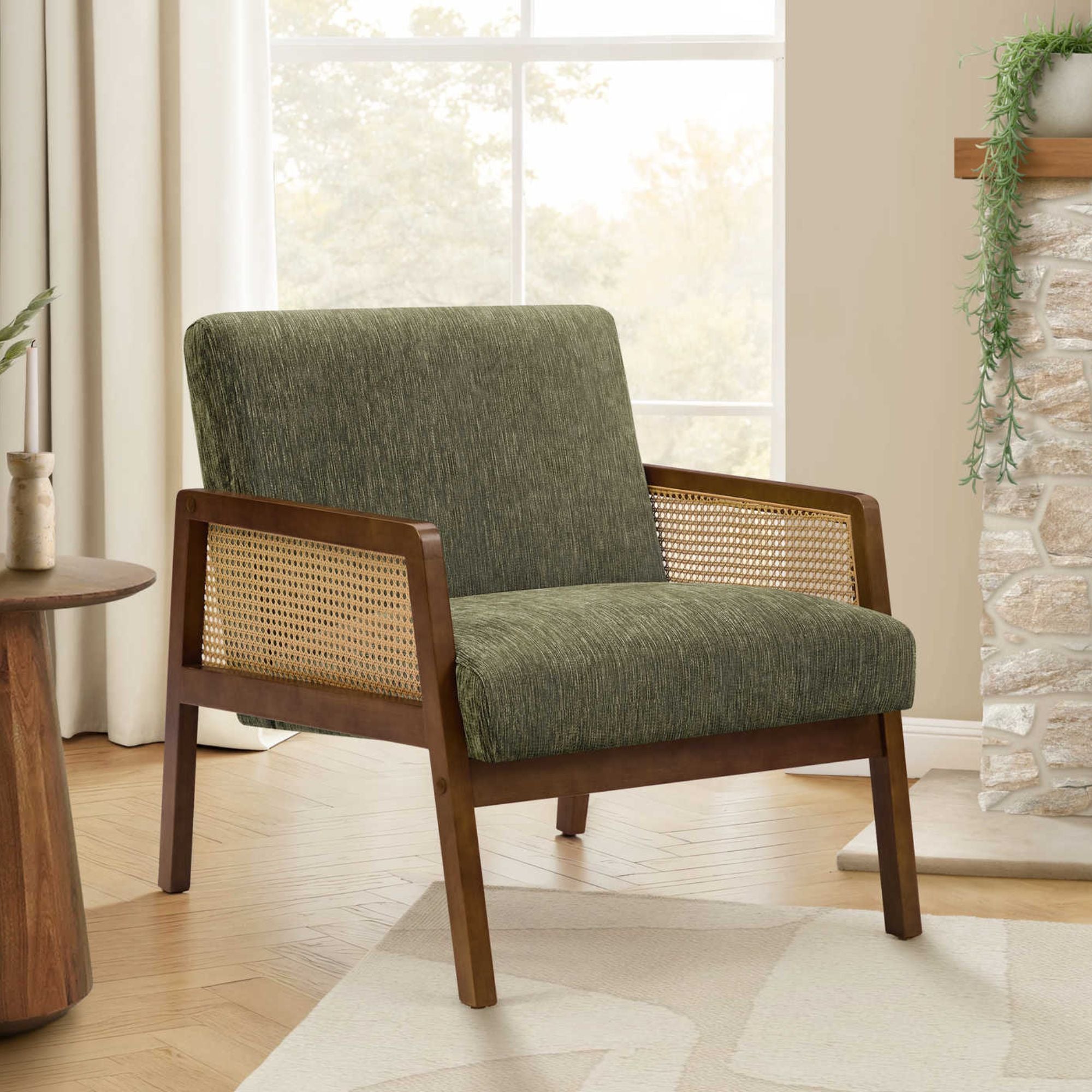 Green fabric accent chair with walnut wood frame, 30-inch height, stylish Monarch Specialties living room furniture.