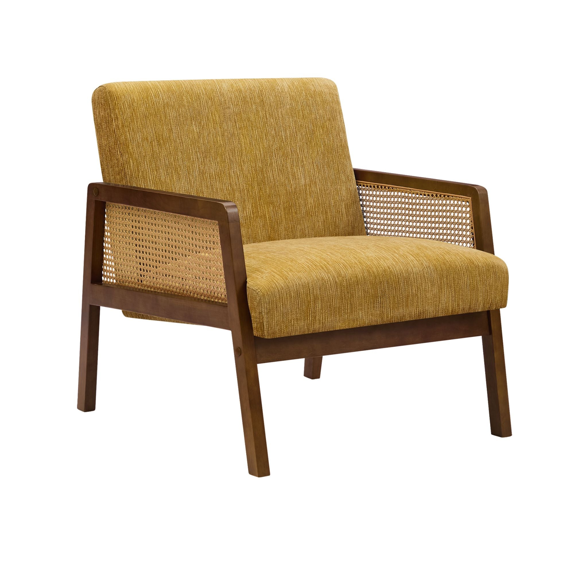 Gold fabric accent chair with walnut wood frame, 30-inch height, by Monarch Specialties. Modern, stylish seating for living spaces.