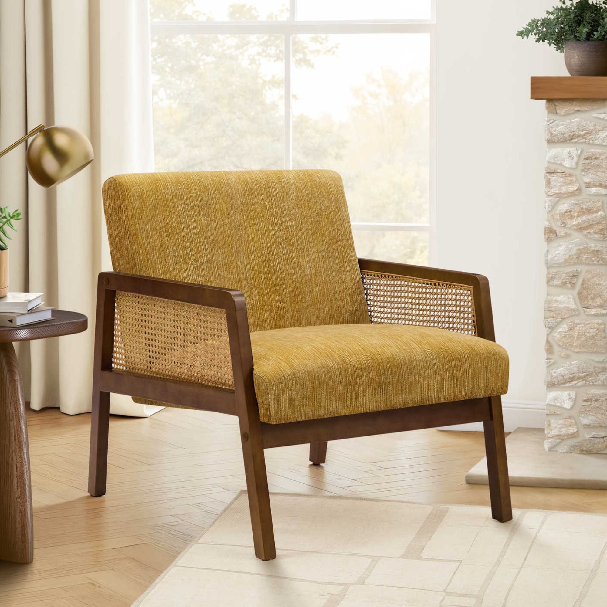 Gold fabric accent chair with walnut wood frame, 30-inch height, by Monarch Specialties, modern living room furniture.