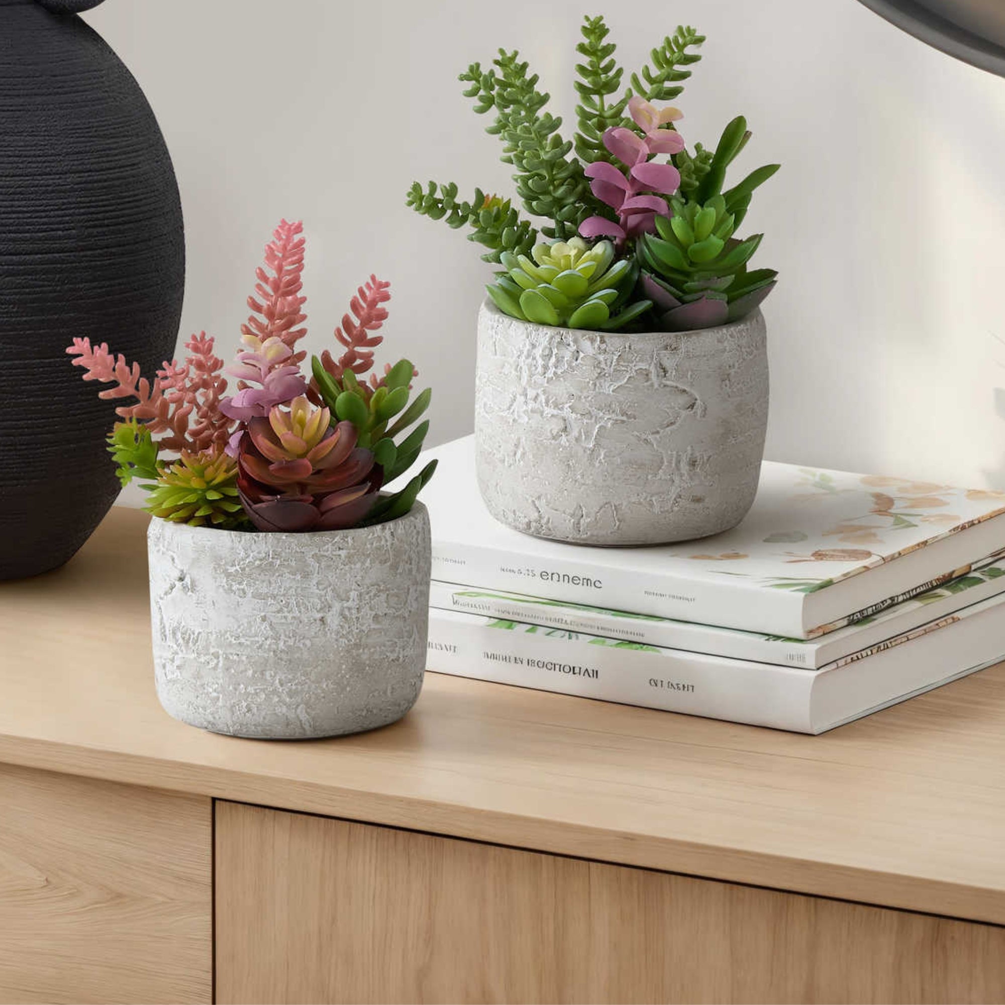 Two artificial succulent plants in decorative pots from Monarch Specialties, realistic greenery for home decor.