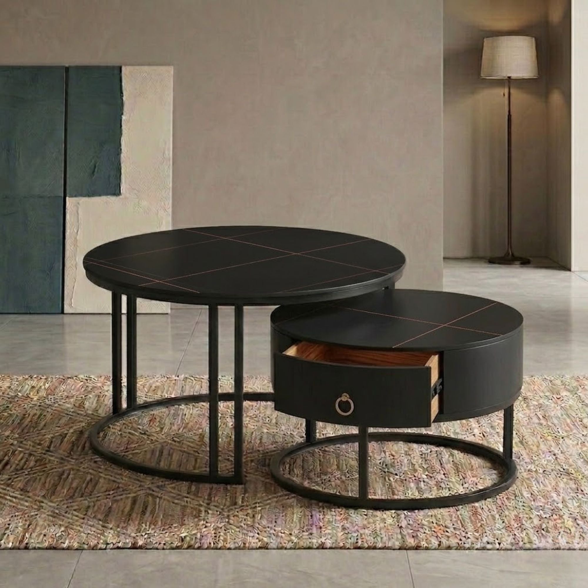 Marquina Midnight Black Stone Top Coffee Table set by IFF, featuring sleek black stone surfaces and modern design.