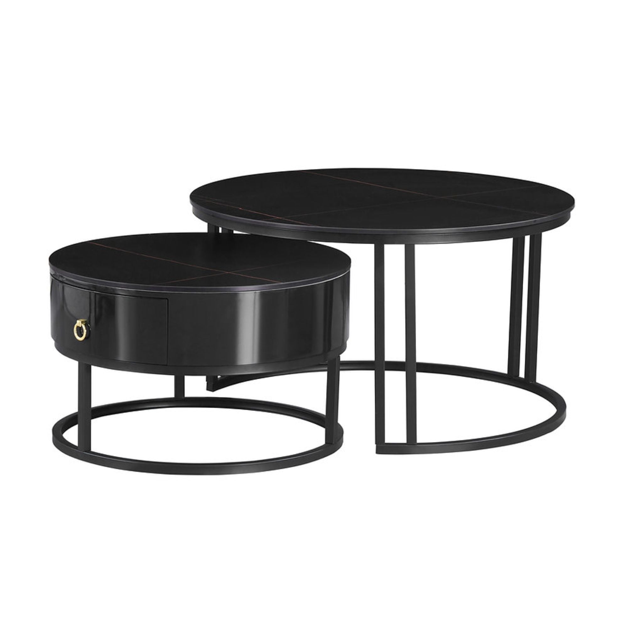 Black stone top coffee table from IFF Marquina Midnight Black Stone Top Coffee Table Set, modern design, smooth surface.