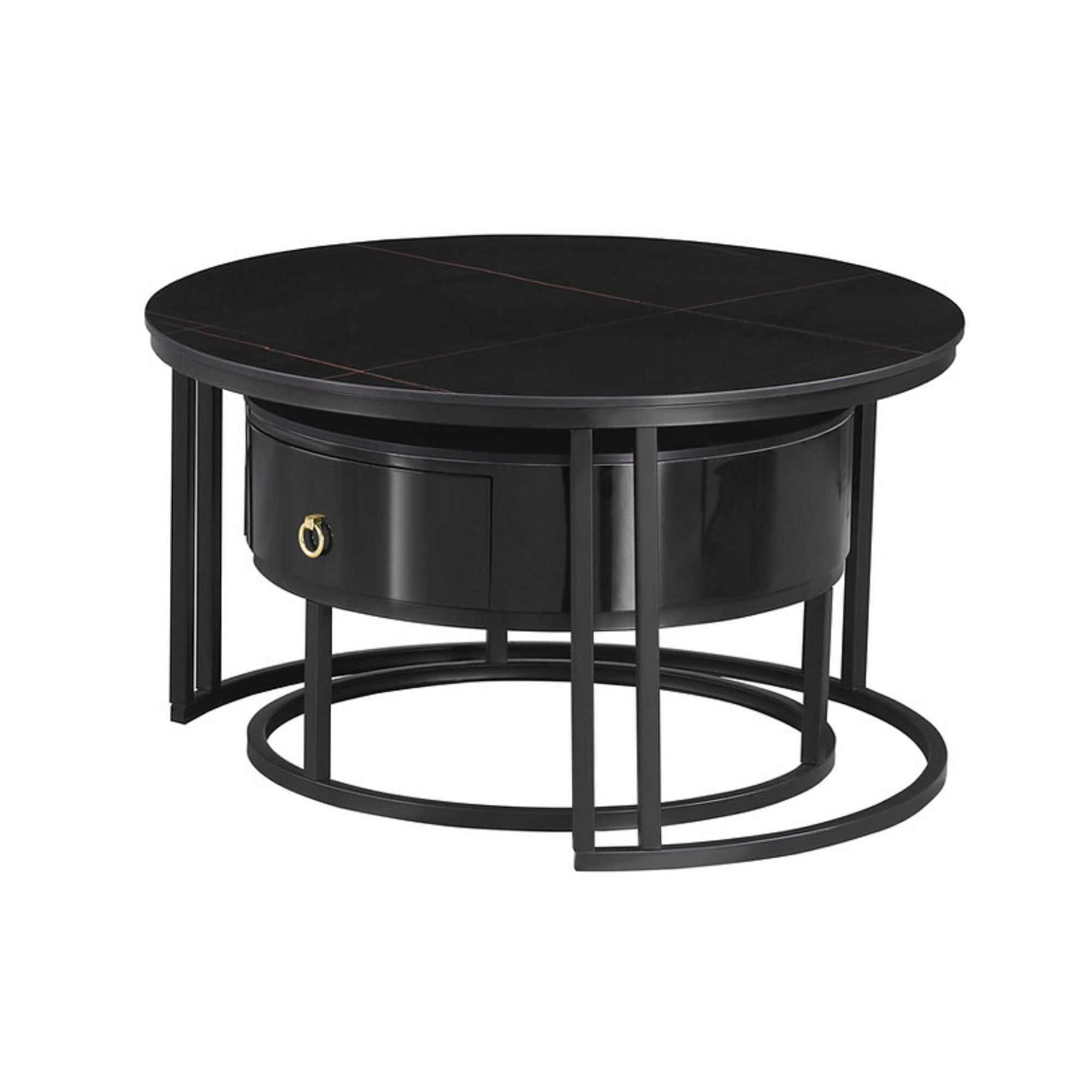 Pair of Marquina Midnight Black Stone Top Coffee Tables by IFF, featuring sleek modern design and polished black stone surfaces.