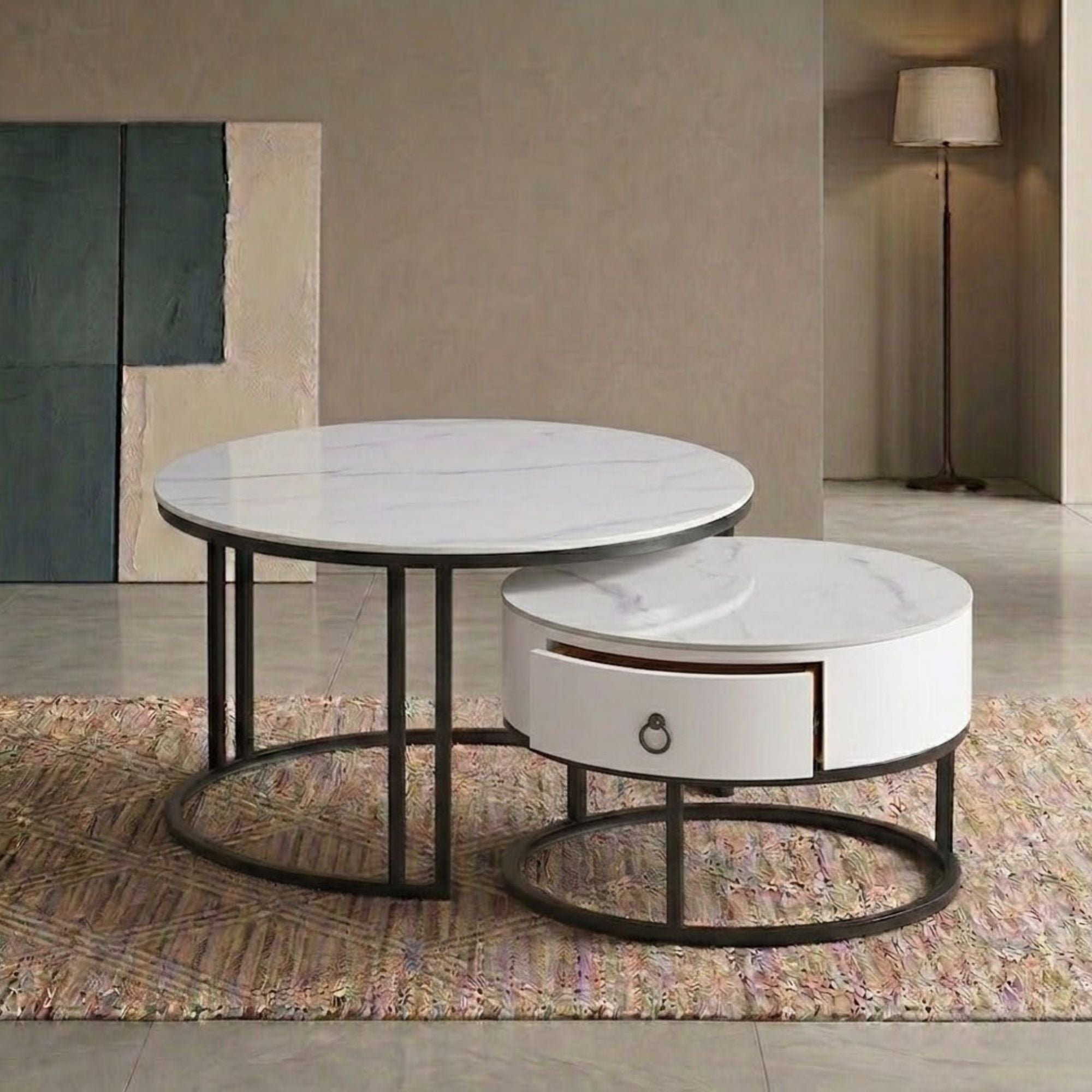 White Calacatta stone top coffee table by IFF with sleek, modern design and smooth finish, perfect for contemporary living spaces.
