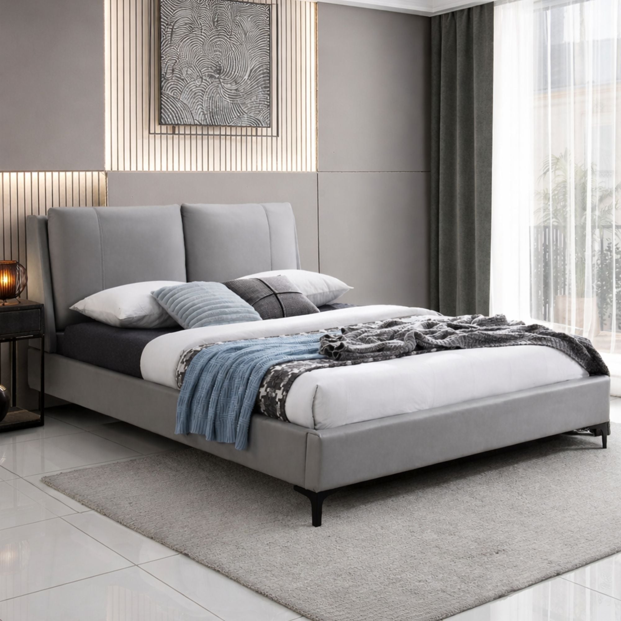 IFF Aria upholstered platform bed with a padded headboard and sleek design, shown in a modern bedroom setting.