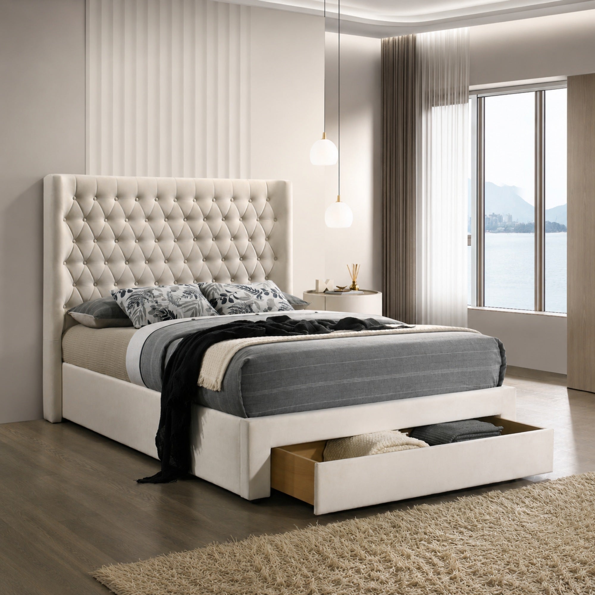 Aria Velvet Storage Bed in Beige