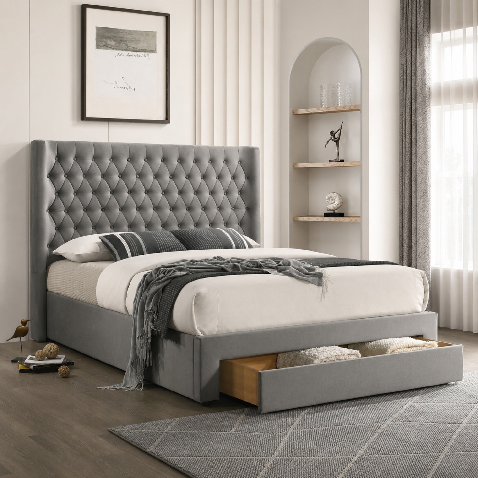 Aria Velvet Storage Bed in Grey