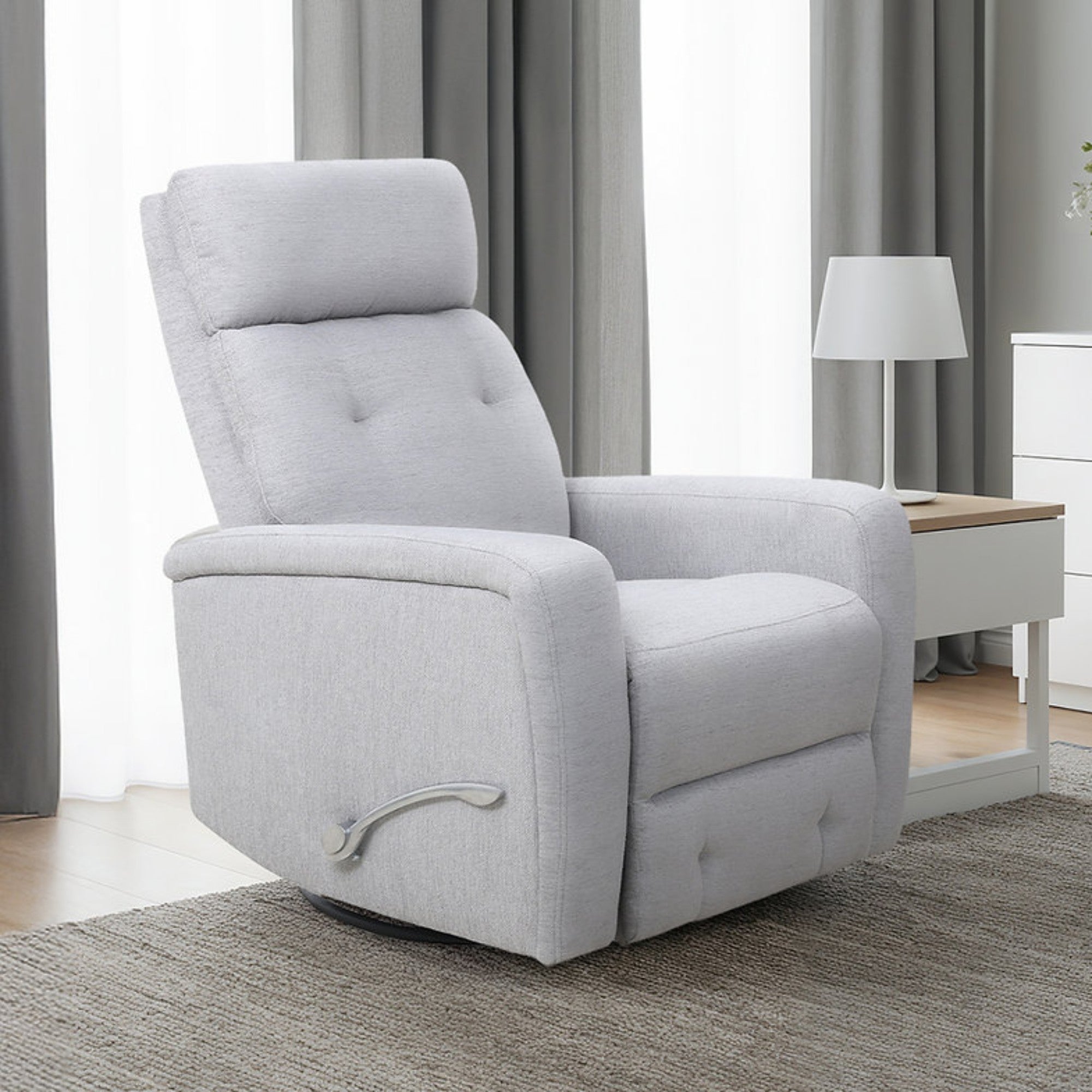 Light grey IFF Camden recliner chair with plush cushioned seat and armrests, modern reclining design for comfortable seating.