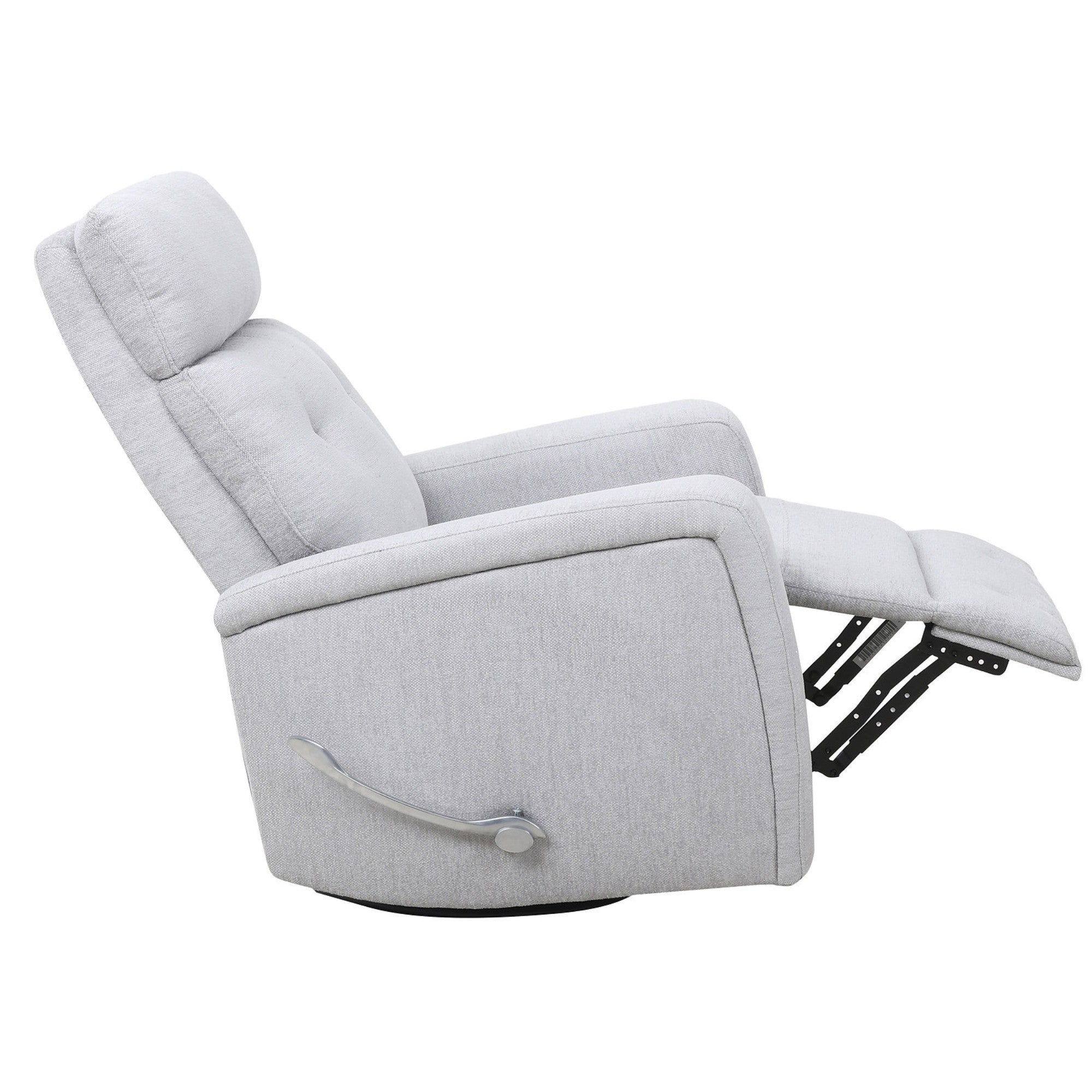 Light grey Camden recliner chair by IFF with plush cushioning and reclining feature, shown in a cozy living room setting.