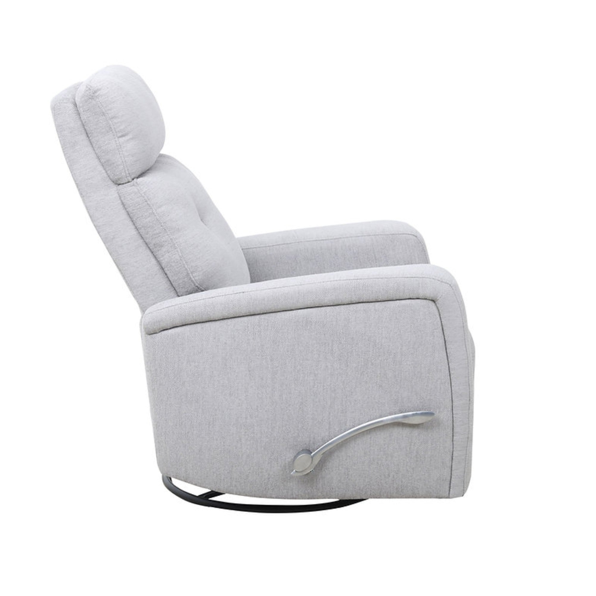 Light grey IFF Camden recliner chair with padded armrests and plush cushioning, showcasing a modern reclining design.
