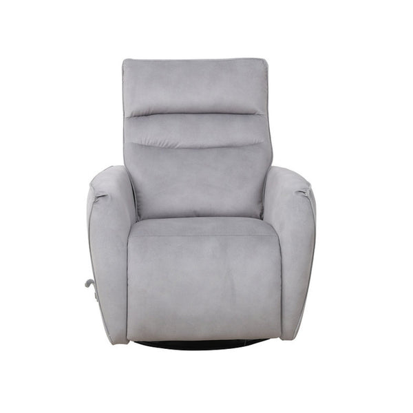 Light grey IFF Arlo rocker recliner chair with plush cushioning and padded armrests, designed for comfortable lounging.