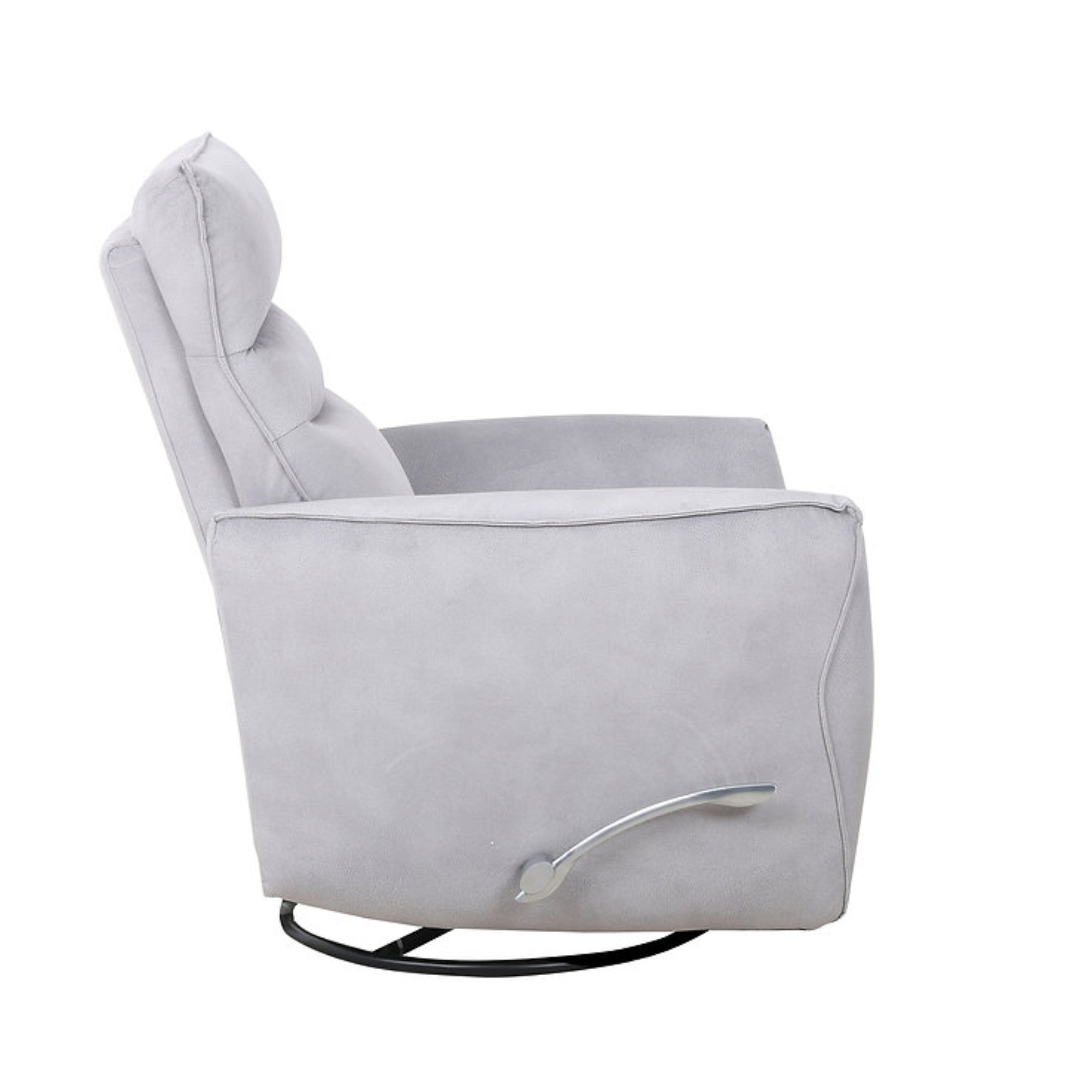 Light grey Arlo recliner chair by IFF with plush fabric and a classic rocker design, shown in a cozy living room setting.