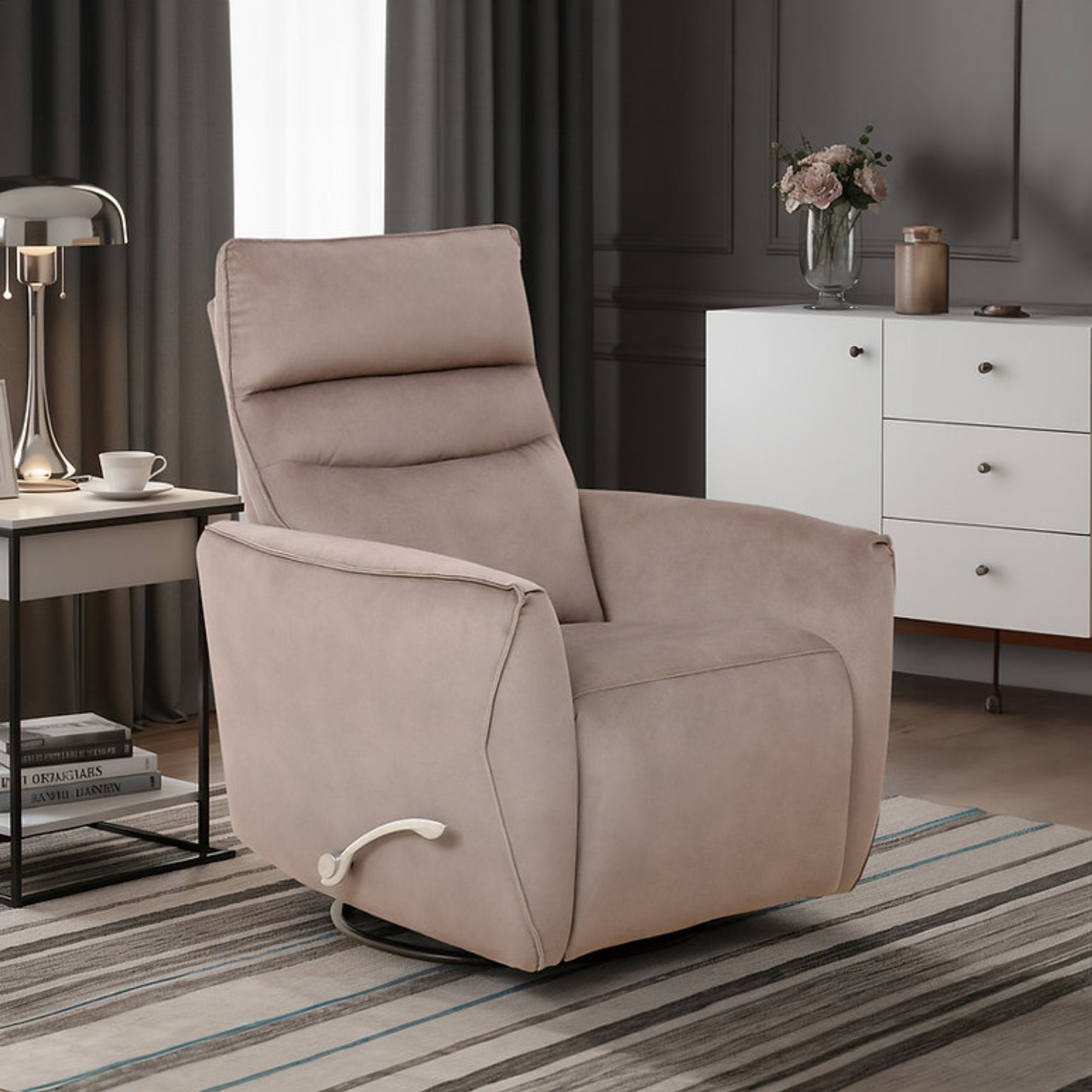 IFF Arlo warm taupe rocker recliner chair with plush cushioning and a wood base, perfect for relaxing in style.