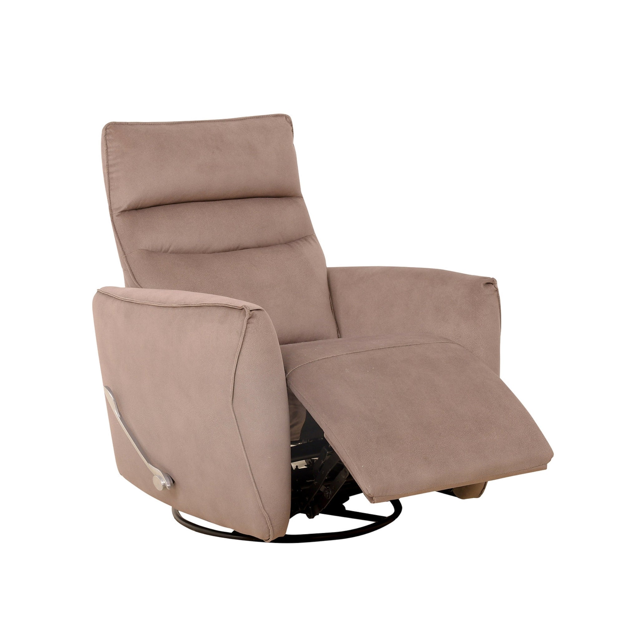 Comfortable IFF Arlo Rocker Recliner in warm taupe fabric with plush cushioning and a reclining mechanism, perfect for relaxing.