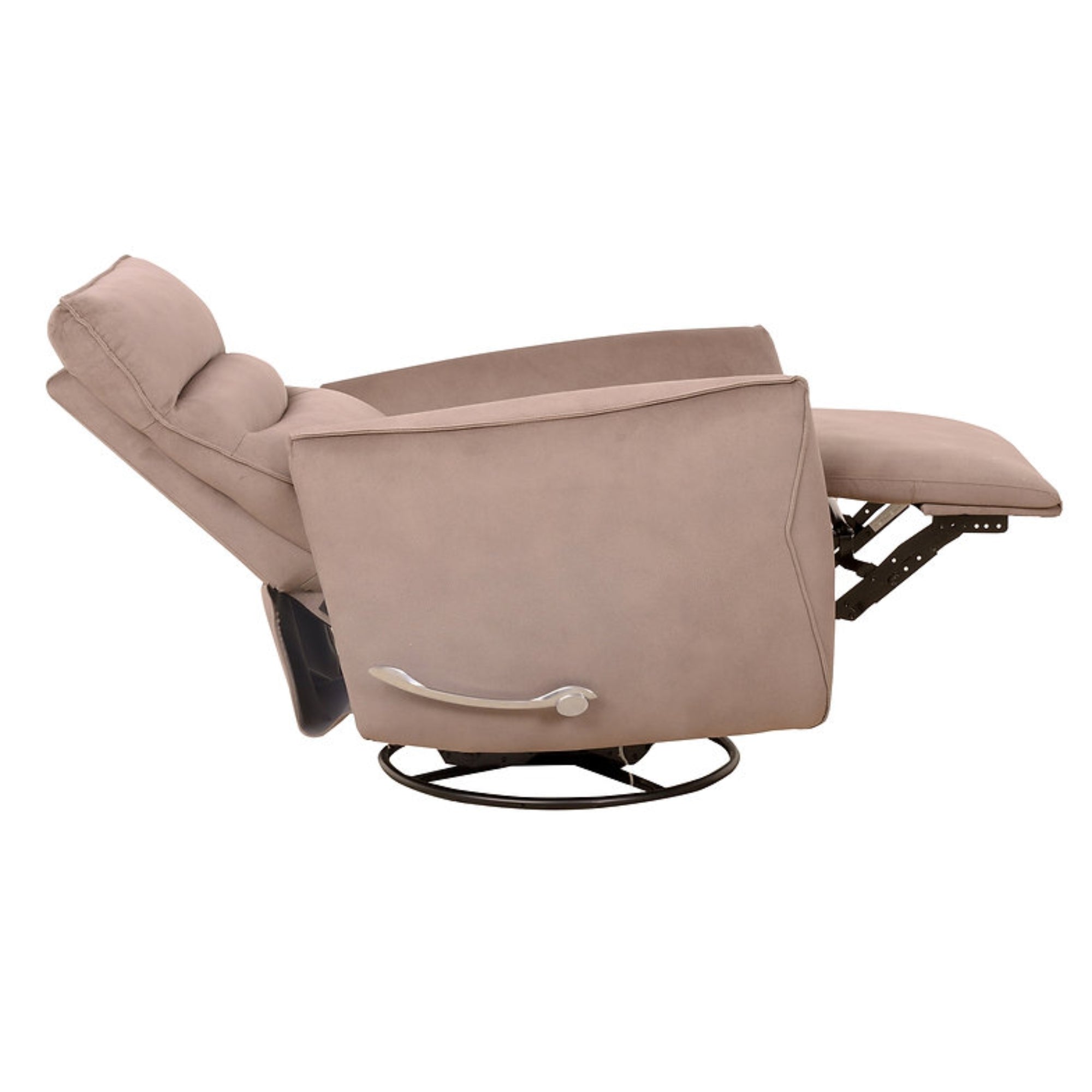 Warm taupe Arlo recliner by IFF, featuring plush fabric, padded armrests, and a reclining mechanism for comfortable seating.