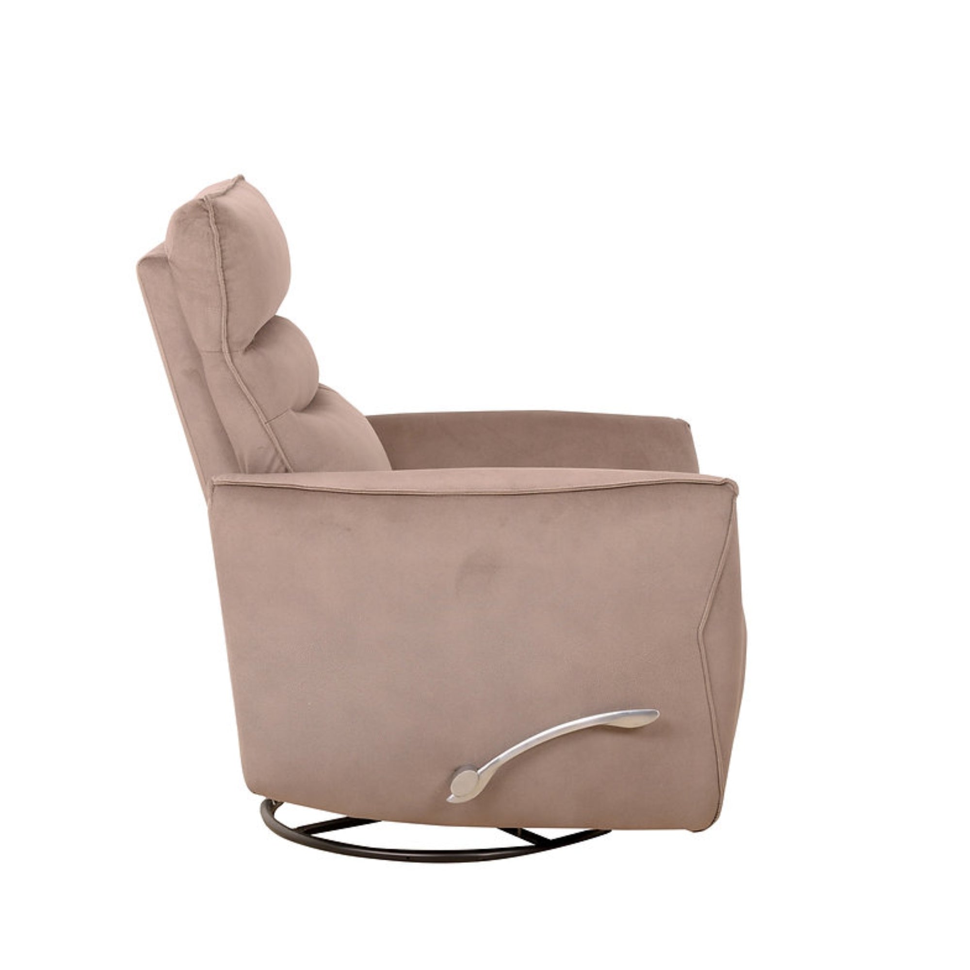 Iff Arlo warm taupe rocker recliner chair with plush cushioning and wooden base, showcasing a comfortable reclining design.