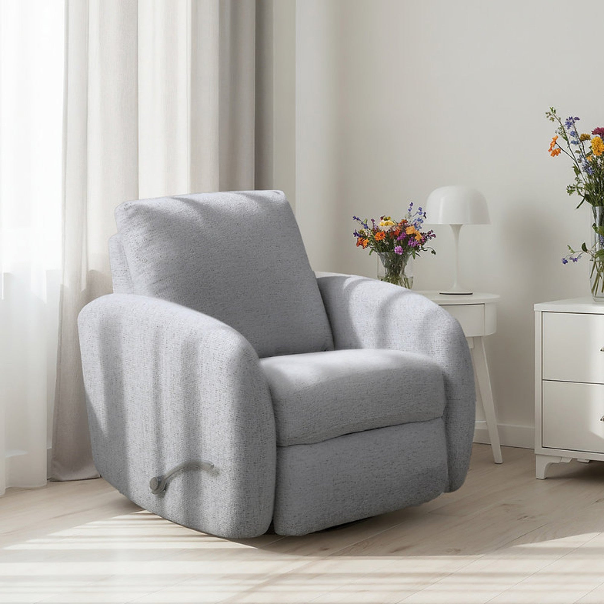 Light grey IFF Bentley Comfort Recliner in natural fabric, showcasing plush cushioning and reclining feature for relaxation.